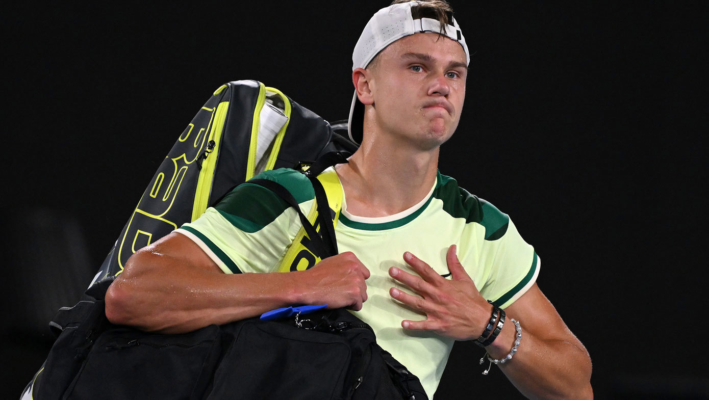 Danish young gun Holger Rune leaves the court after his elimination at the 2024 Australian Open.