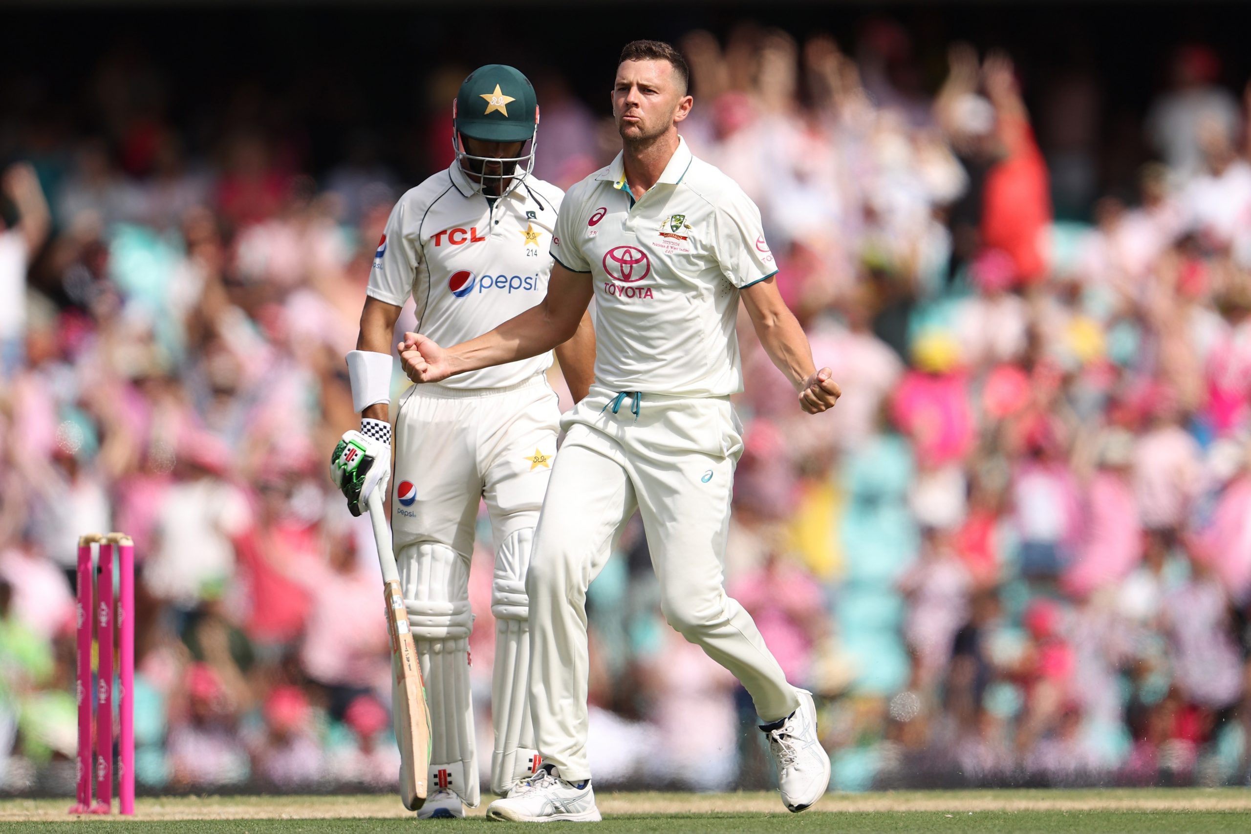 Josh Hazlewood of Australia celebrates the wicket of Shan Masood of Pakistan.