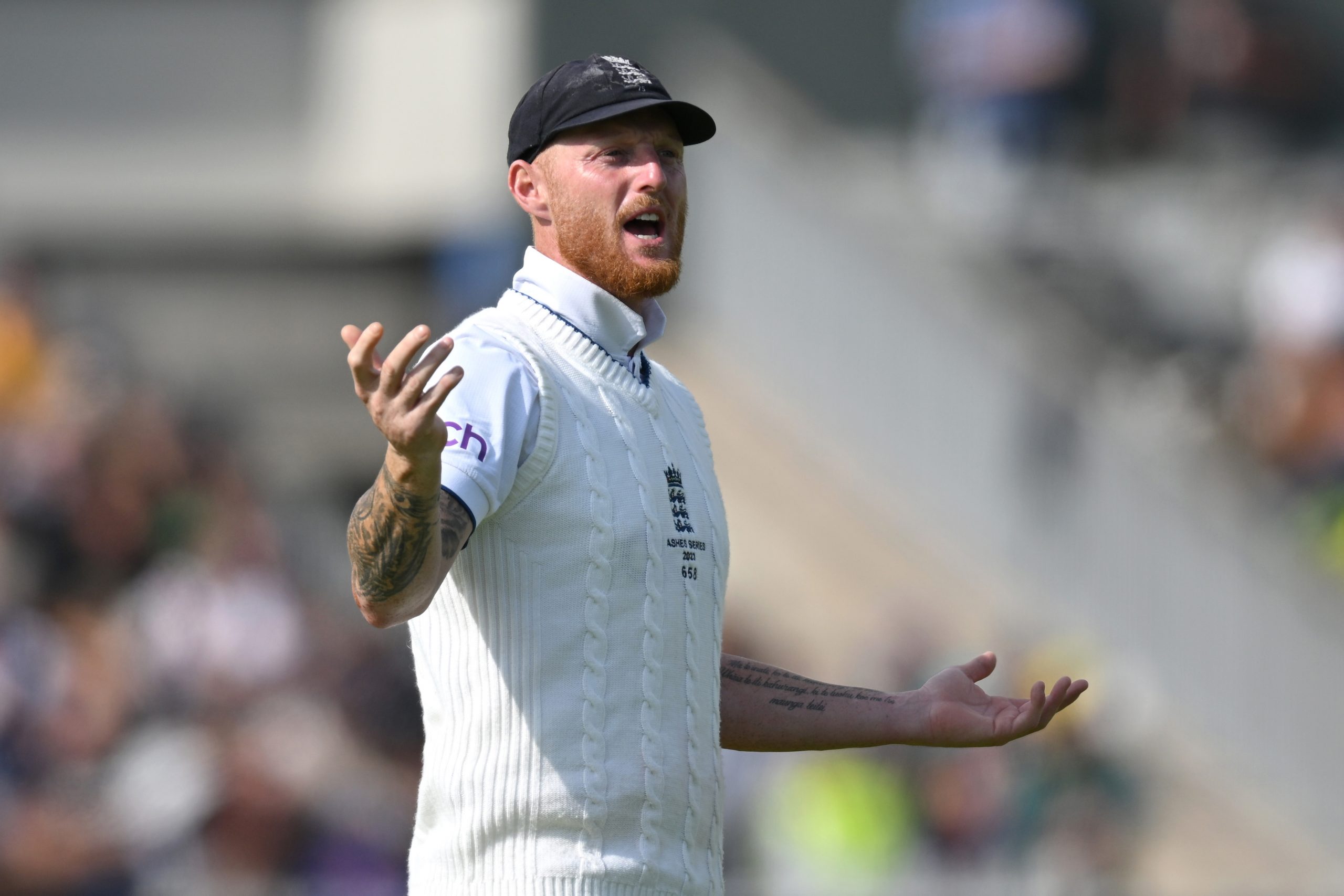 MANCHESTER, ENGLAND - JULY 21: England captain Ben Stokes during day three of the LV= Insurance Ashes 4th Test Match between England and Australia at Emirates Old Trafford on July 21, 2023 in Manchester, England. (Photo by Gareth Copley - ECB/ECB via Getty Images)