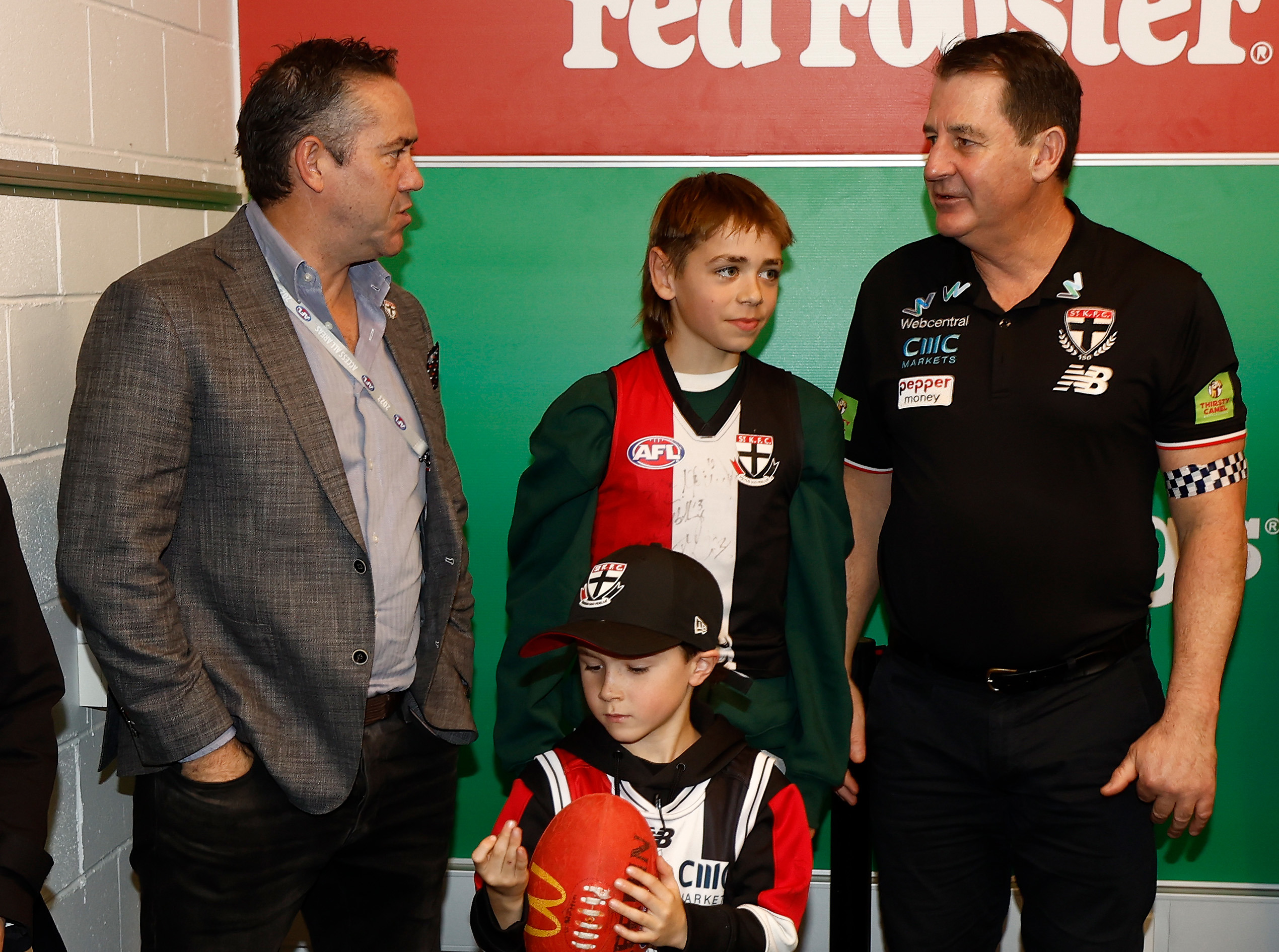 MELBOURNE, AUSTRALIA - JULY 30: Simon Lethlean, CEO of the Saints is seen with Sidney McLachlan and Ross Lyon, Senior Coach of the Saints during the 2023 AFL Round 20 match between the Hawthorn Hawks and the St Kilda Saints at Marvel Stadium on July 30, 2023 in Melbourne, Australia. (Photo by Michael Willson/AFL Photos via Getty Images)