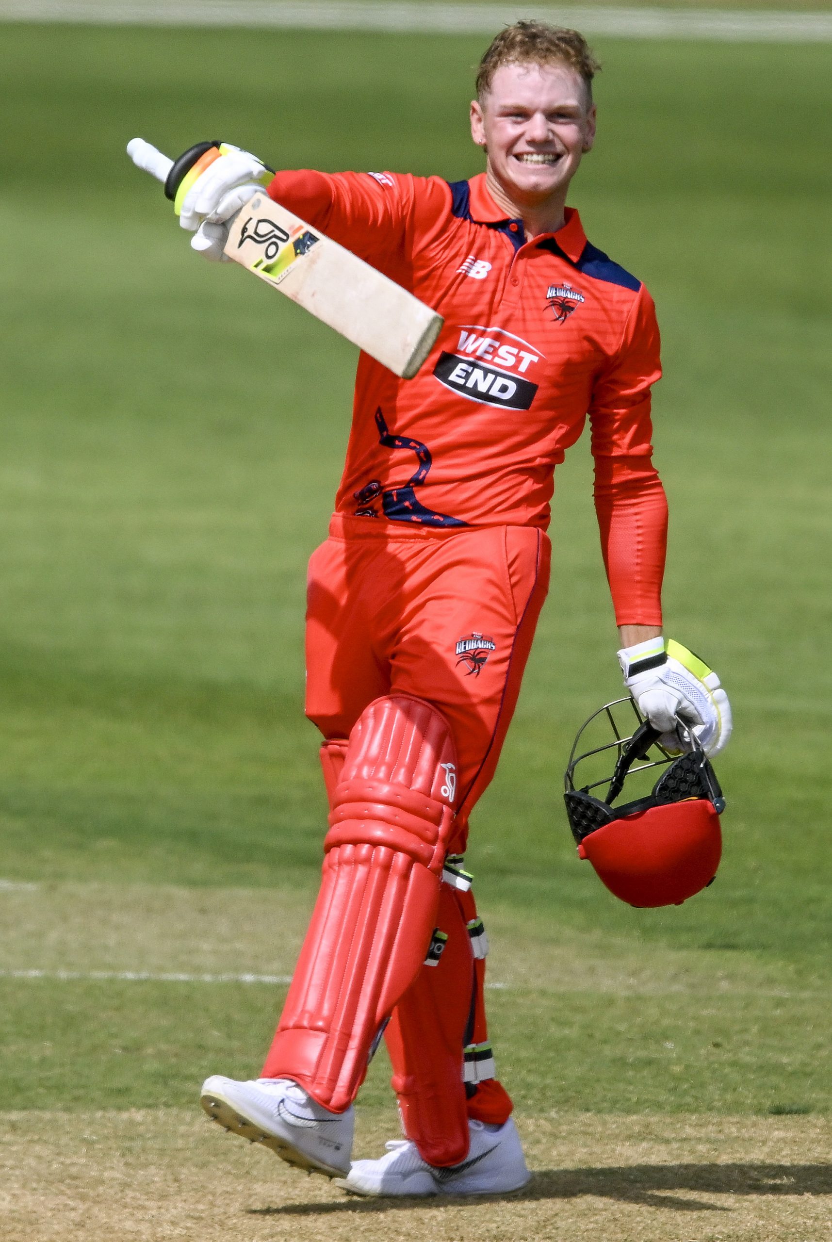 ADELAIDE, AUSTRALIA - OCTOBER 08:  Jake Fraser-McGurk of the Redbacks  celebrates bringing up his record breaking century during the Marsh One Day Cup match between South Australia and Tasmania at Karen Rolton Oval, on October 08, 2023, in Adelaide, Australia. (Photo by Mark Brake/Getty Images)