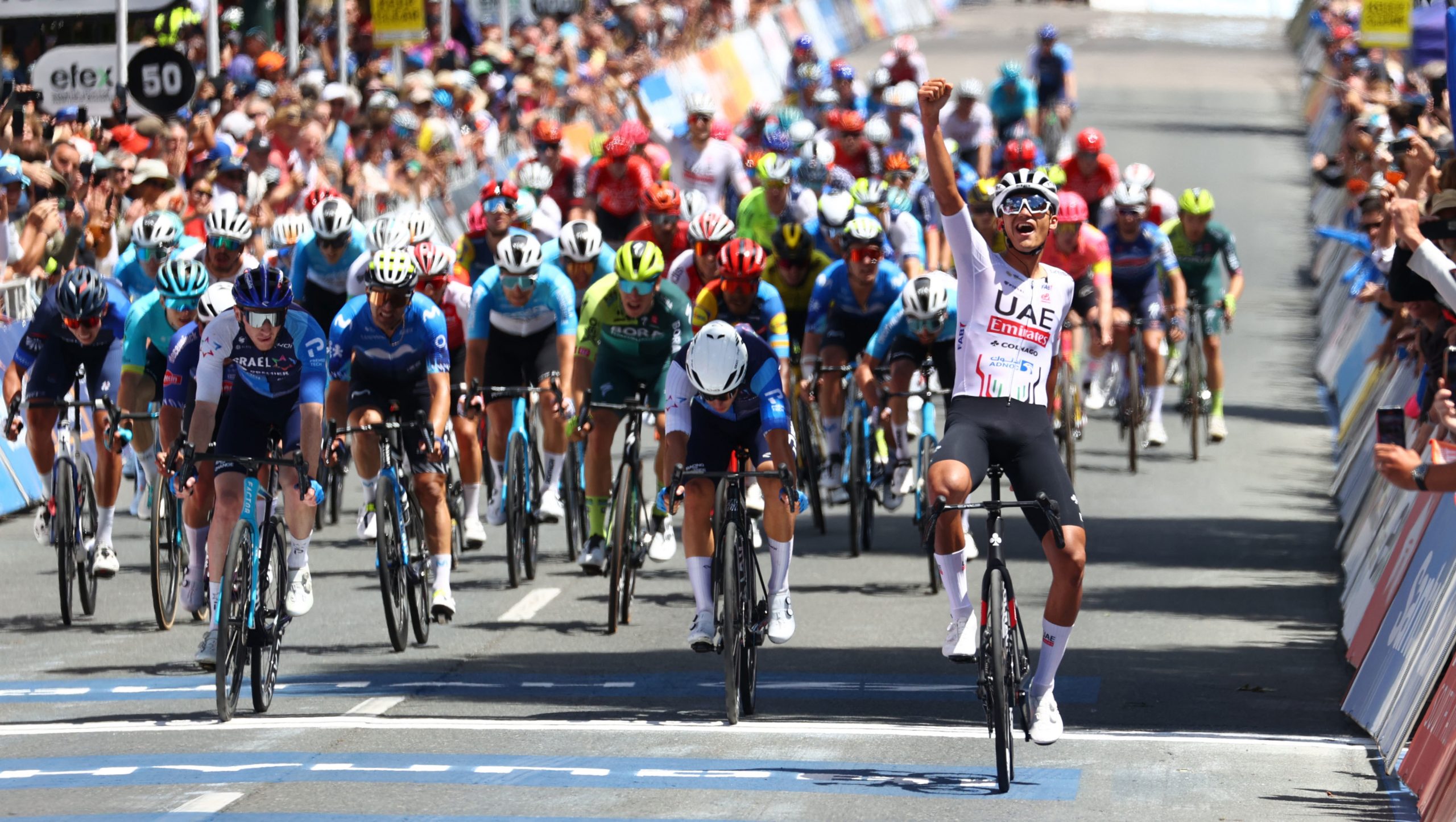 Isaac Del Toro Romero celebrates his Tour Down Under stage victory.