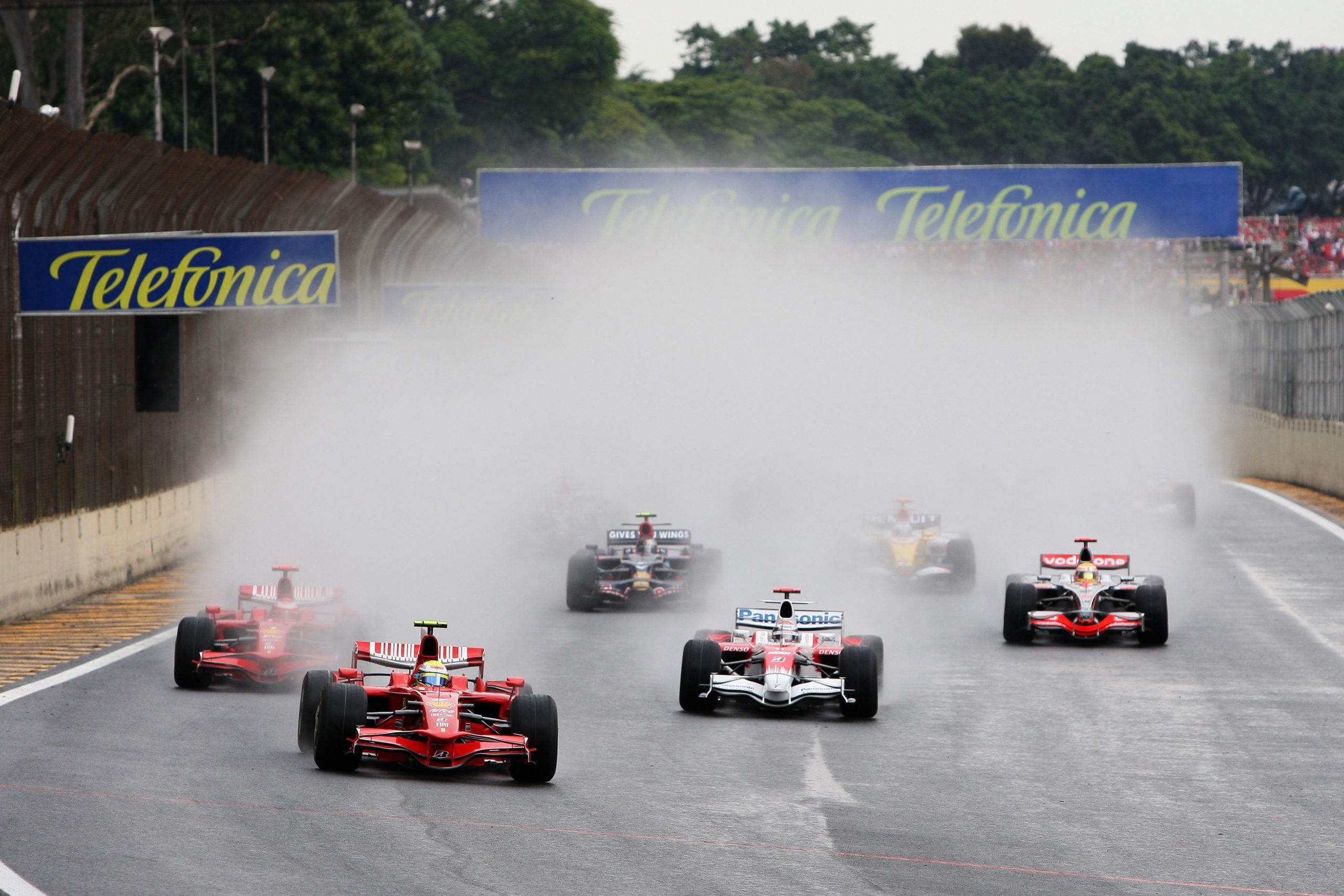 Felipe Massa leads the field into turn one during the season-ending 2008 Brazilian Grand Prix.