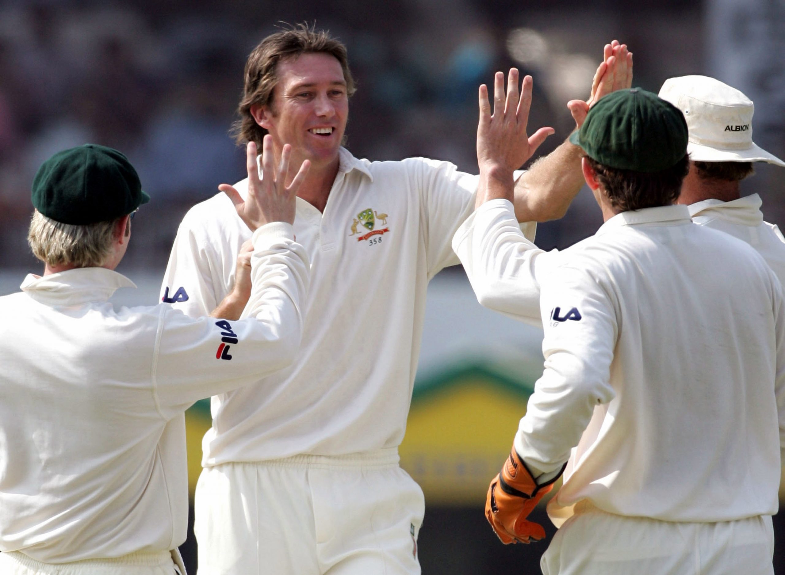 Glenn McGrath of Australia claims the wicket of Mohammad Kaif of India during day three of the Third Test between India and Australia played at the VCA Stadium on October 28, 2004 in Nagpur, India. (Photo by Hamish Blair/Getty Images)