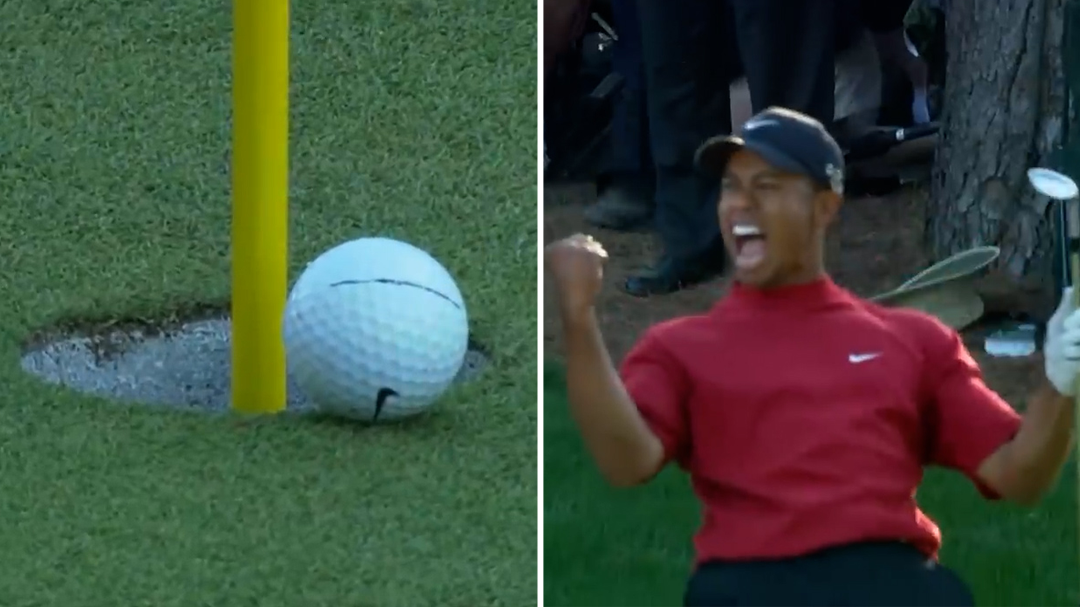 Tiger Woods chips in at 16th hole at Augusta National in 2005