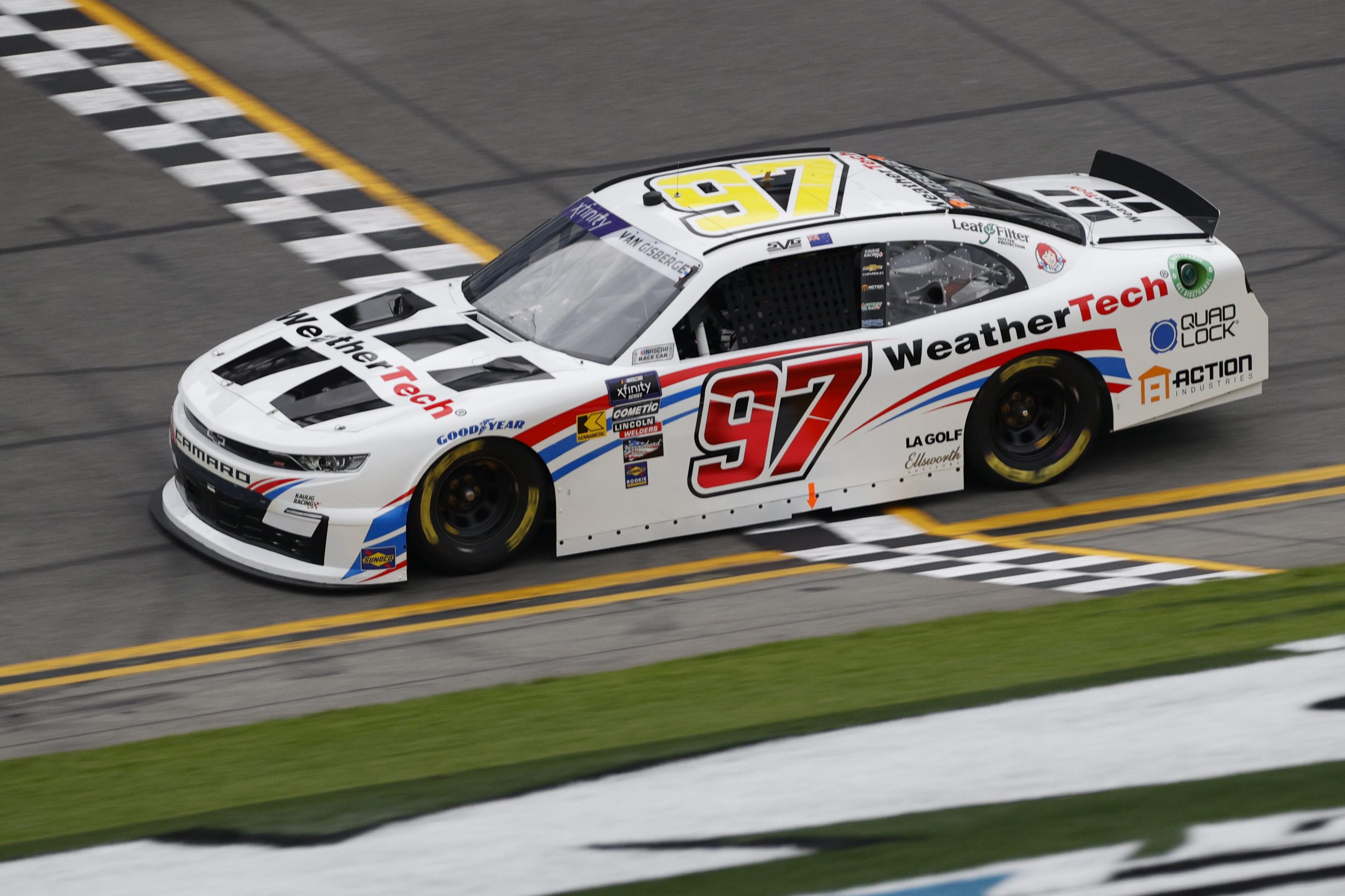 Shane Van Gisbergen in the No.97 Kaulig Racing WeatherTech Chevrolet Camaro enters the front stretch during practice for the NASCAR Xfinity Series at Daytona International Speedway.