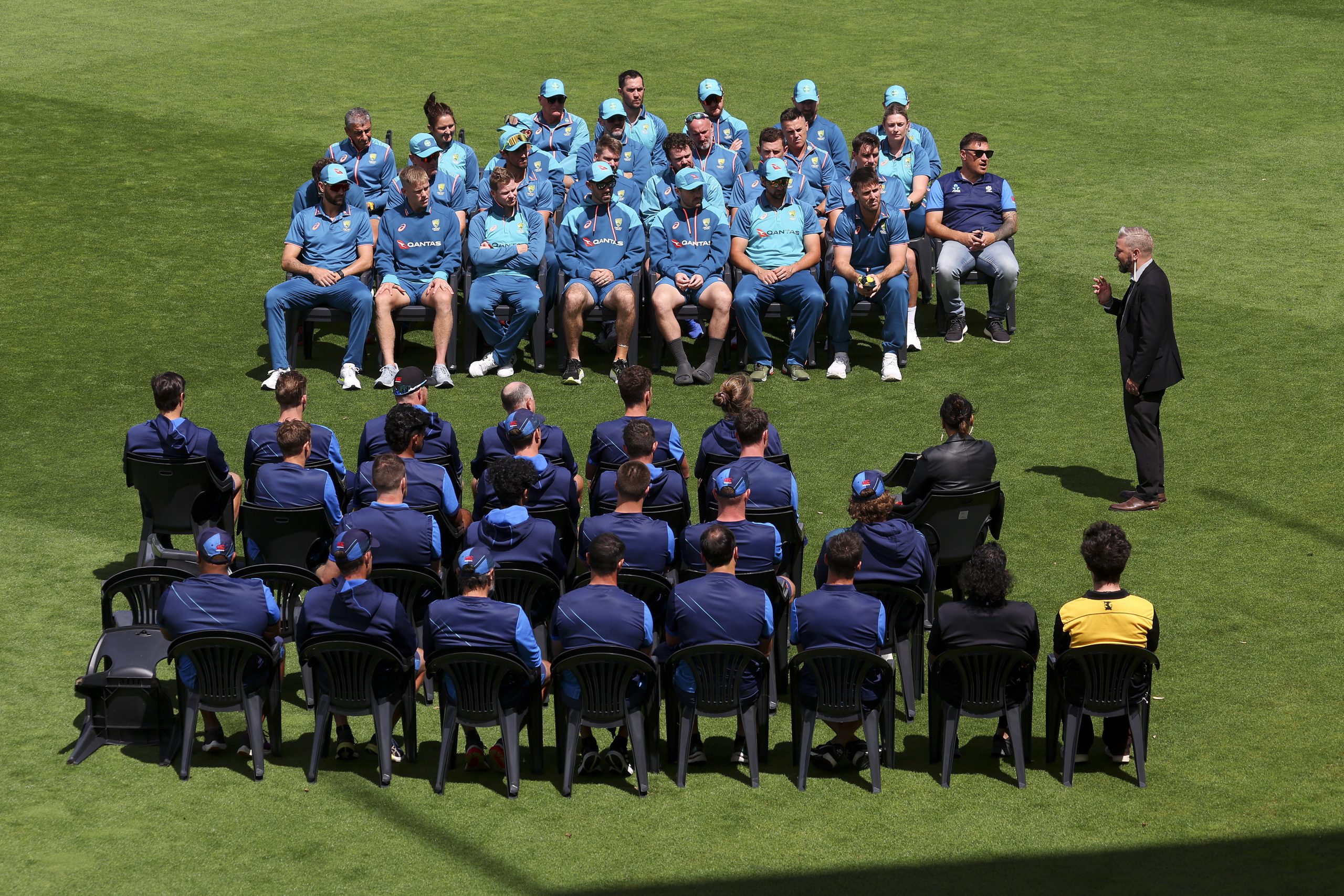 Australia are welcomed with a Mihi Whakatau prior to a New Zealand training session ahead of the Men's T20 International series between New Zealand and Australia at Basin Reserve on February 19, 2024 in Wellington, New Zealand. (Photo by Hagen Hopkins/Getty Images)
