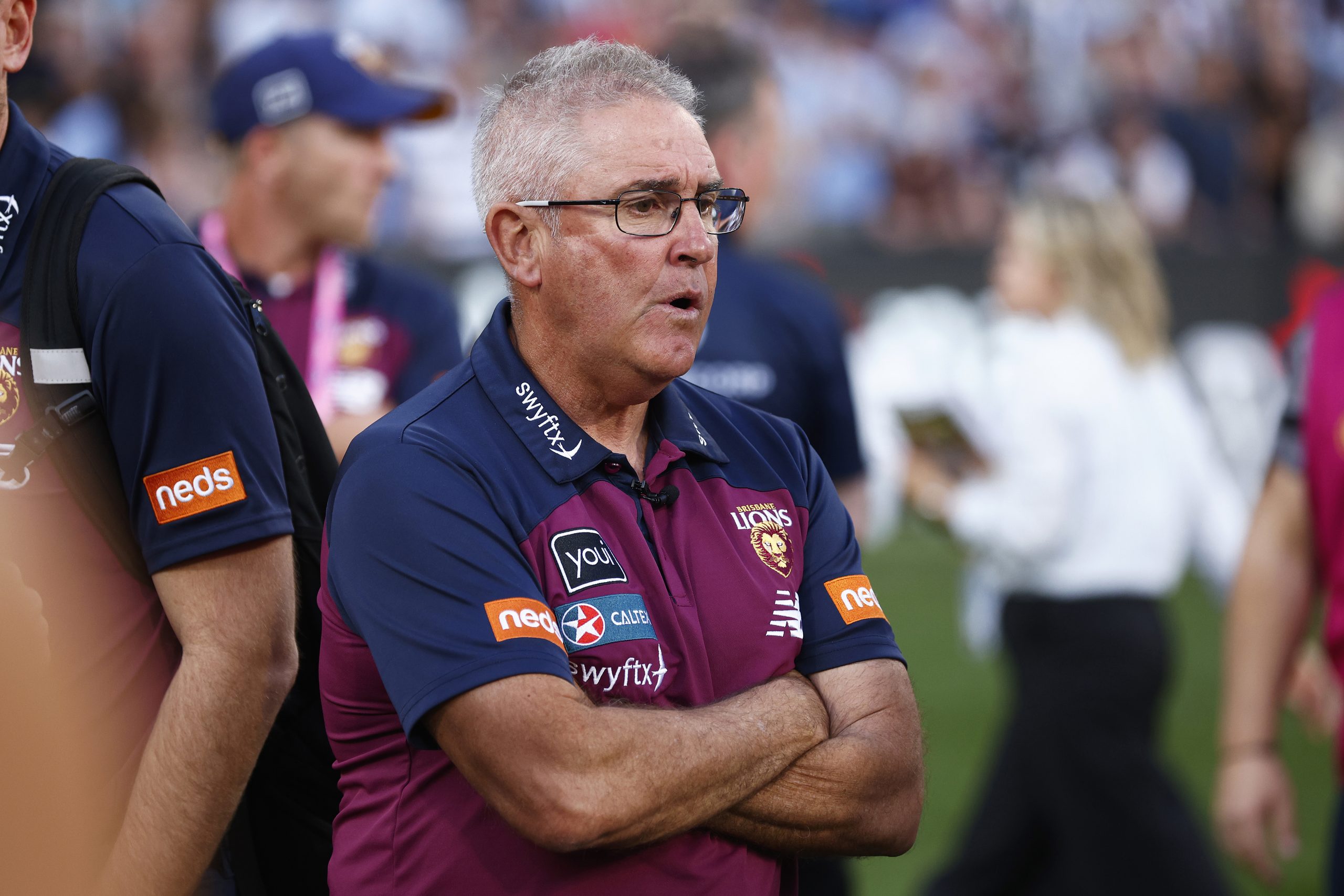 MELBOURNE, AUSTRALIA - SEPTEMBER 30: Lions head coach Chris Fagan looks dejected after the 2023 AFL Grand Final match between Collingwood Magpies and Brisbane Lions at Melbourne Cricket Ground, on September 30, 2023, in Melbourne, Australia. (Photo by Daniel Pockett/AFL Photos/via Getty Images)