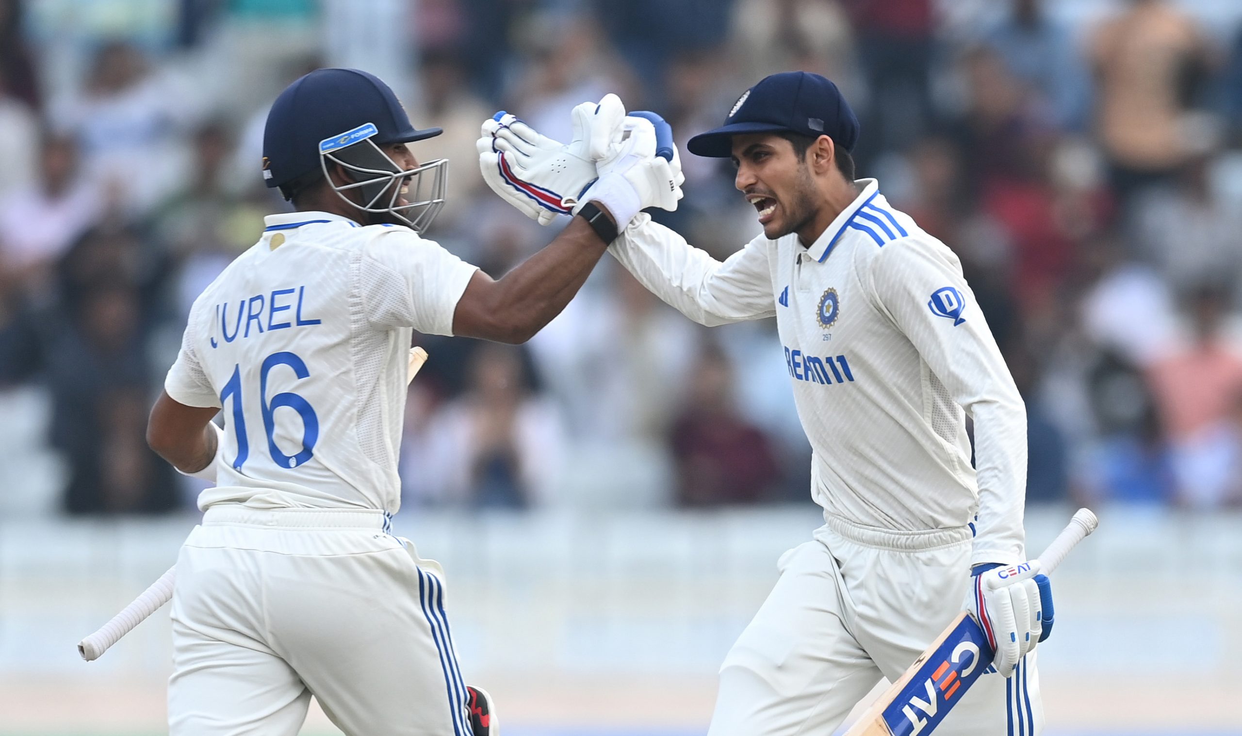 India batsmen Shubman Gill (r) and Dhruv Jurel celebrate the winning runs during day four of the 4th Test Match between India and England at JSCA International Stadium Complex on February 26, 2024 in Ranchi, India. (Photo by Gareth Copley/Getty Images)