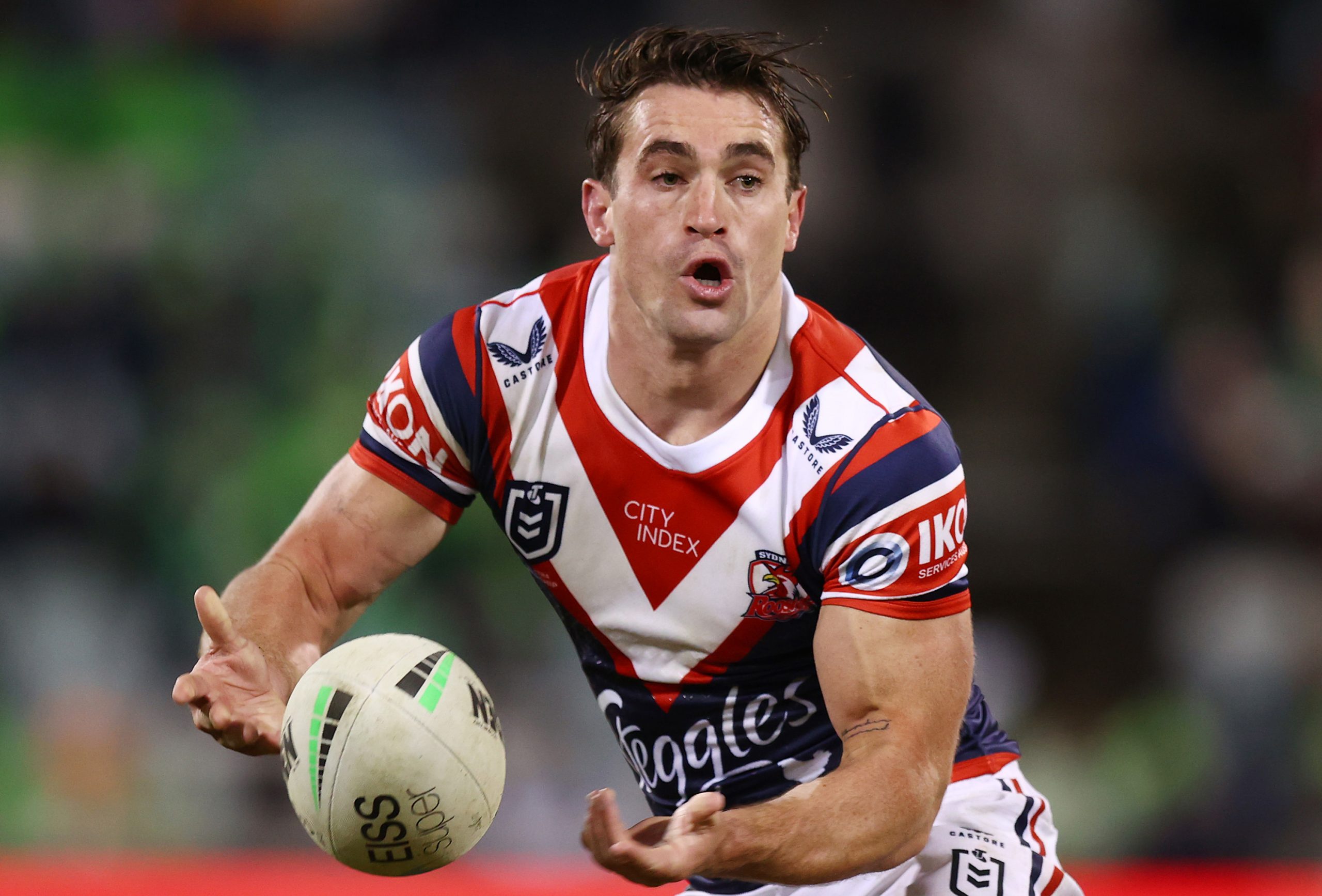 CANBERRA, AUSTRALIA - JUNE 05: Connor Watson of the Roosters in action during the round 13 NRL match between the Canberra Raiders and the Sydney Roosters at GIO Stadium, on June 05, 2022, in Canberra, Australia. (Photo by Mark Nolan/Getty Images)