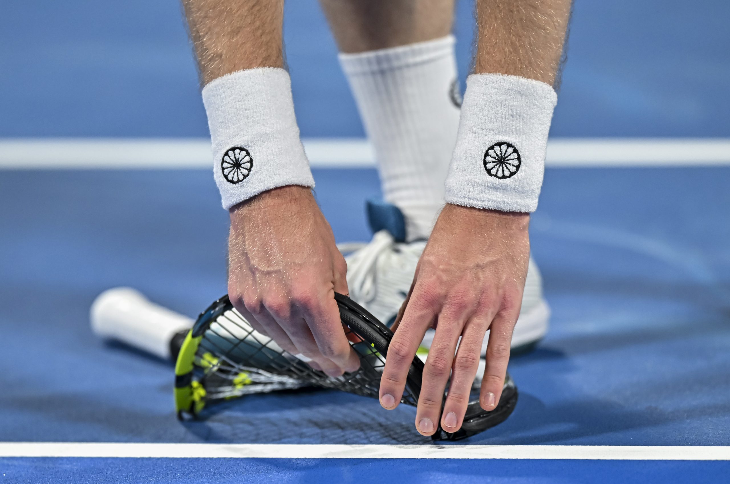Botic Van De Zandschulp breaks his racket during his round of 32 singles match against Gael Monfils at the 2024 Qatar Open.