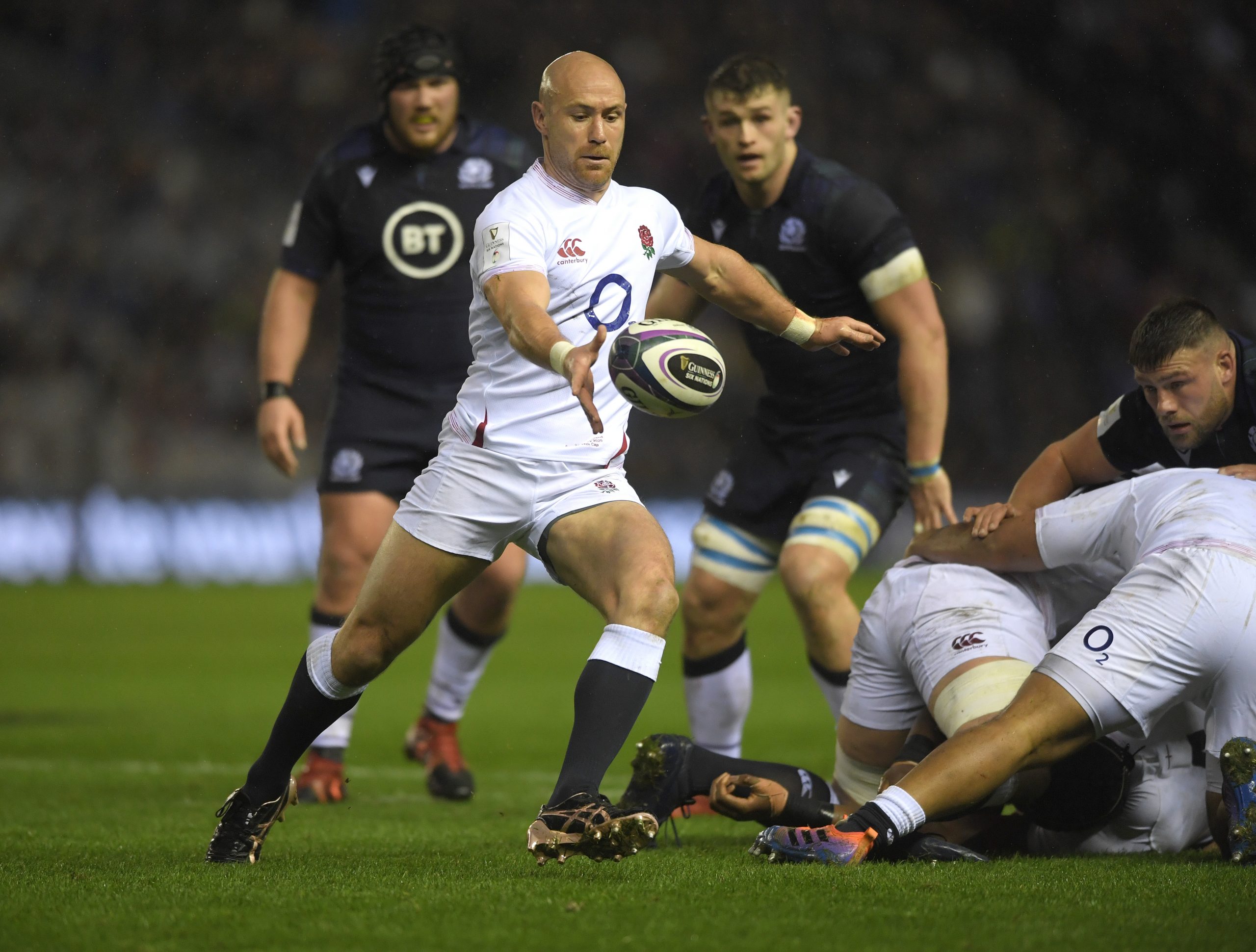 England halfback Willi Heinz in action at Murrayfield.