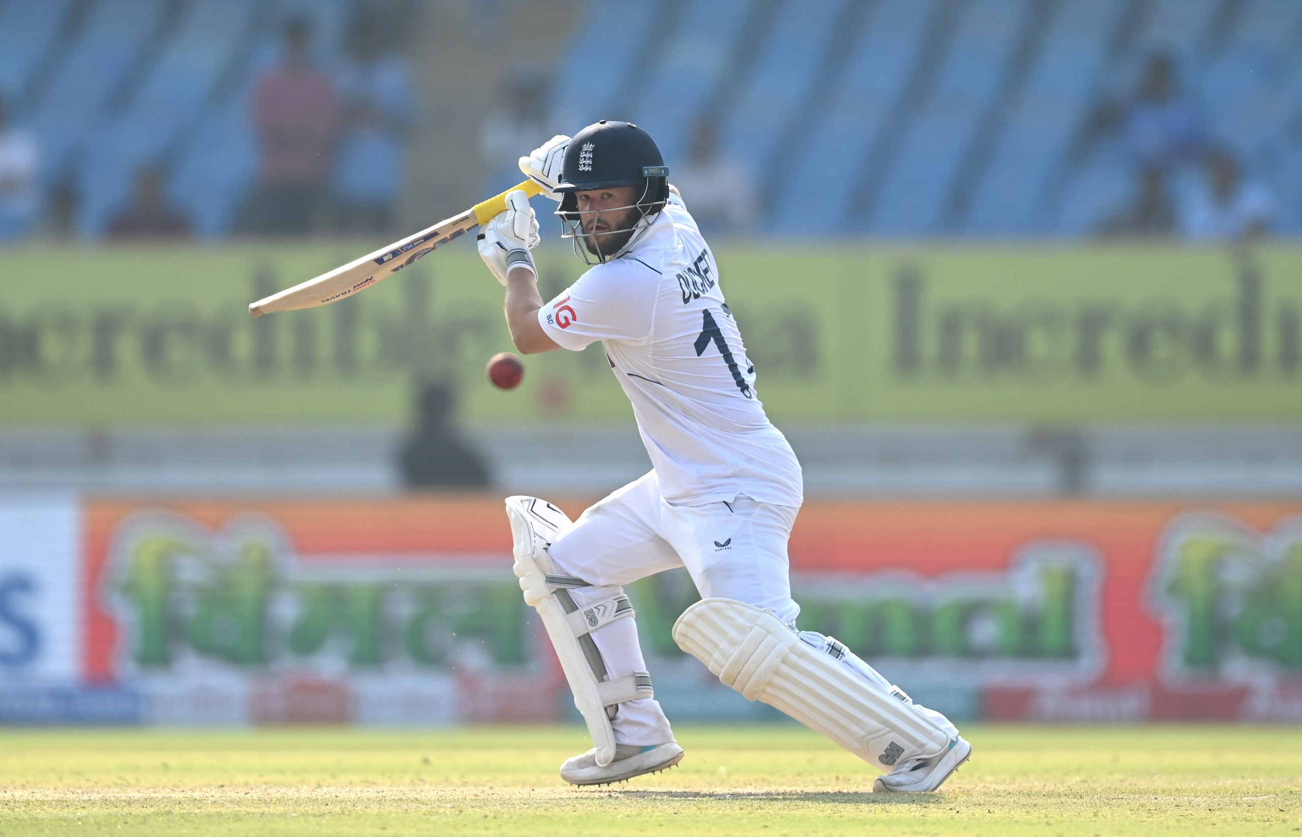 England batsman Ben Duckett in batting action during day two of the 3rd Test Match between India and England at Saurashtra Cricket Association Stadium on February 16, 2024 in Rajkot, India. (Photo by Gareth Copley/Getty Images)