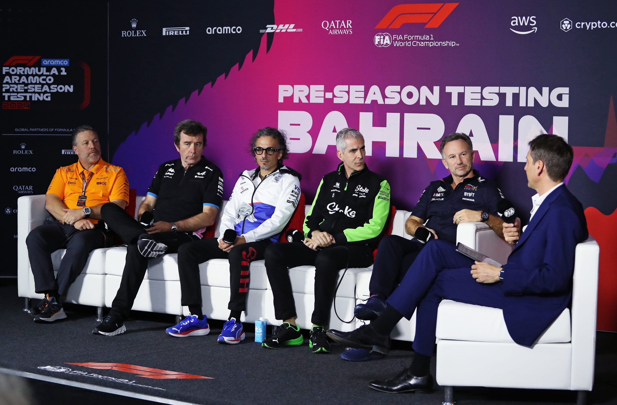 McLaren Chief Executive Officer Zak Brown, Bruno Famin, Team Principal of Alpine F1, Laurent Mekies, Team Principal of Visa Cash App RB, Alessandro Alunni Bravi, Team Representative of Stake F1 Team Kick Sauber, Oracle Red Bull Racing Team Principal Christian Horner attend the Team Principals Press Conference during day two of F1 Testing at Bahrain International Circuit on February 22, 2024 in Bahrain, Bahrain. (Photo by Peter Fox/Getty Images)