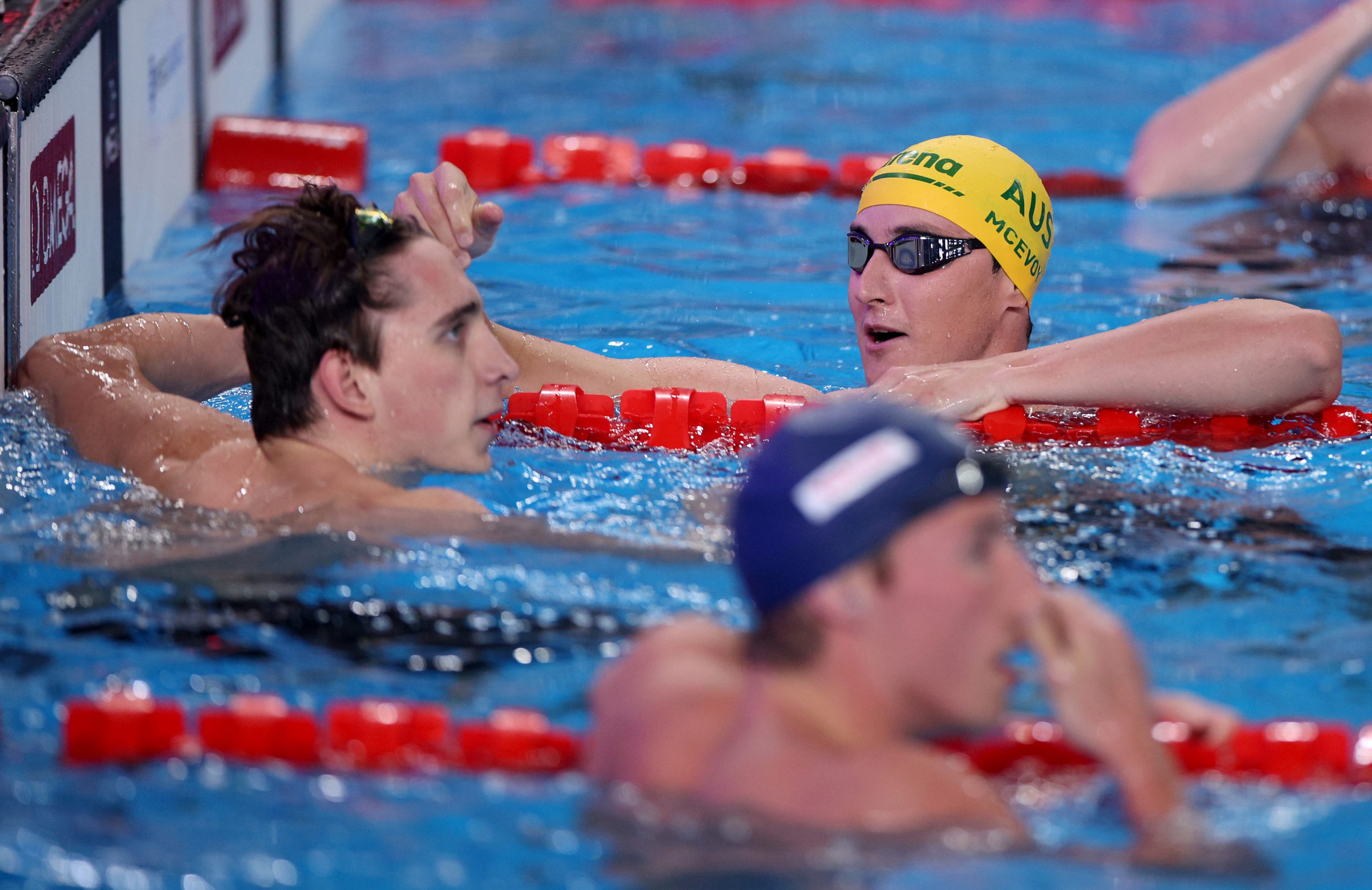 Cameron McEvoy of Team Australia celebrates after winning silver in the Men's 50m Freestyle Final on day sixteen of the Doha 2024 World Aquatics Championships at Aspire Dome on February 17, 2024 in Doha, Qatar. (Photo by Adam Pretty/Getty Images)