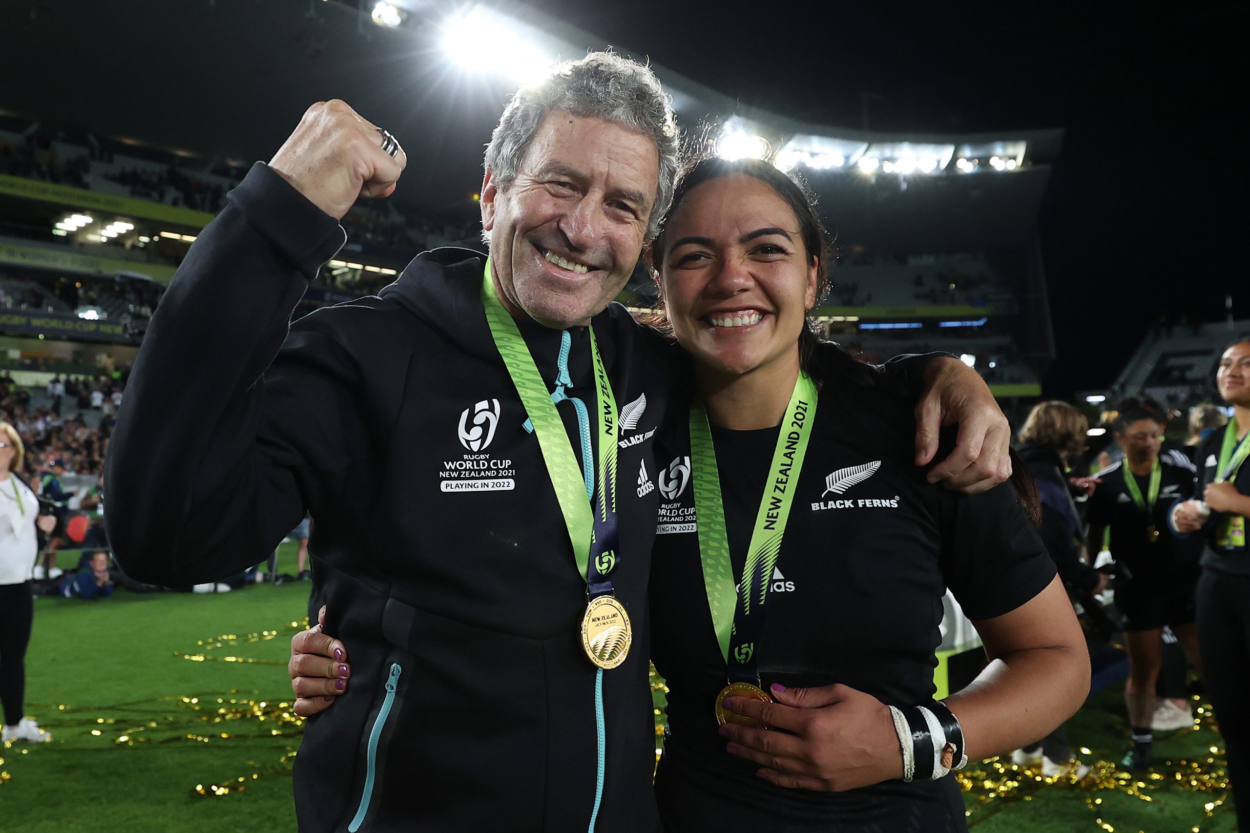 Wayne Smith and Stacey Fluhler of New Zealand celebrate after winning the Rugby World Cup.