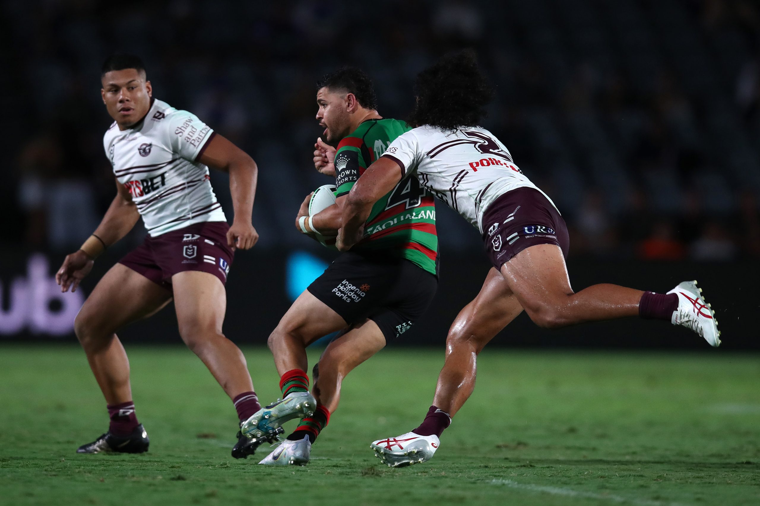 Jacob Gagai of the Rabbitohs plays in an NRL pre-season trial against the Sea Eagles in 2023.