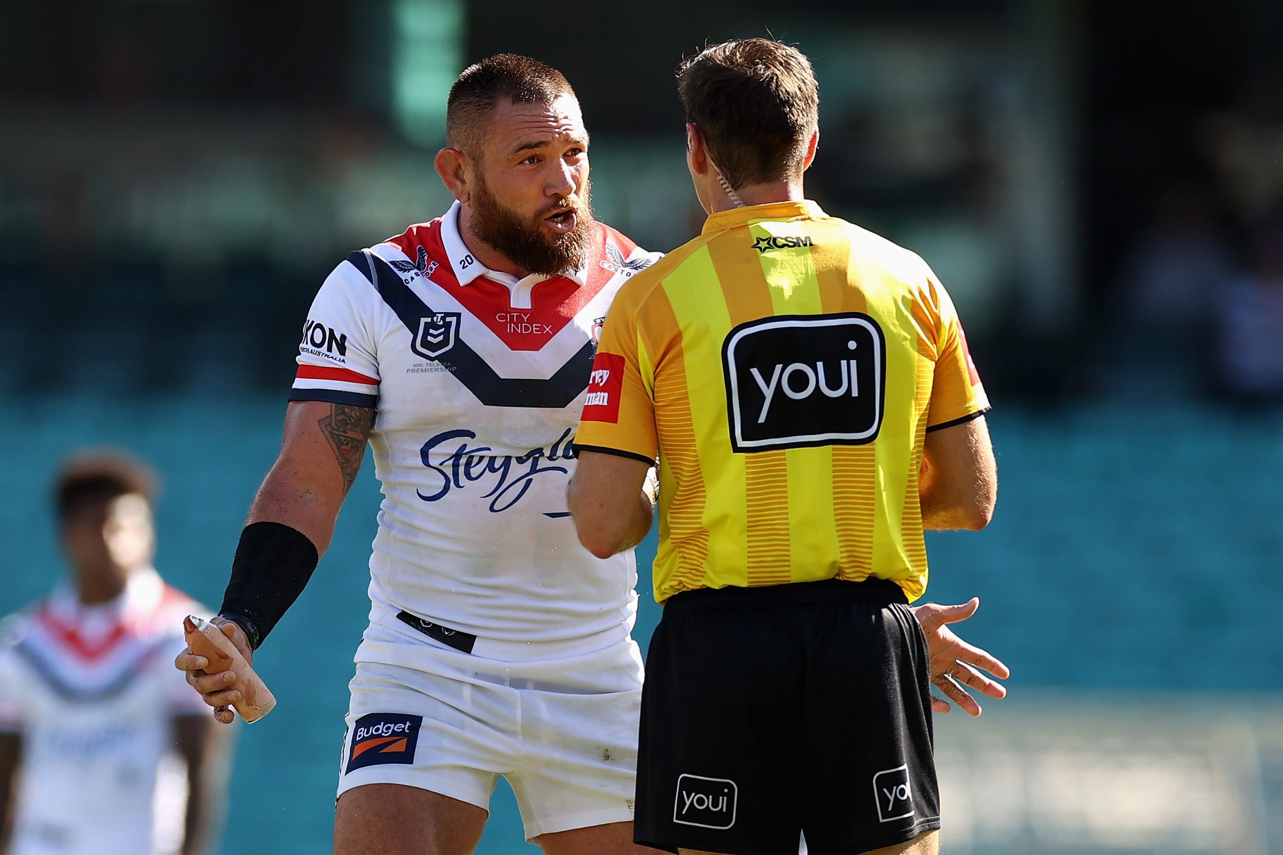 Jared Waerea-Hargreaves of the Roosters is placed on report by referee Ziggy Przeklasa-Adamski.