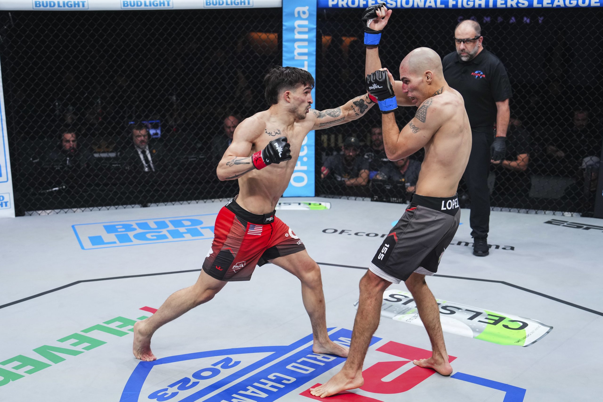 Biaggio Ali Walsh punches Joel Lopez of Puerto Rico during the 2023 PFL Championships at The Anthem.