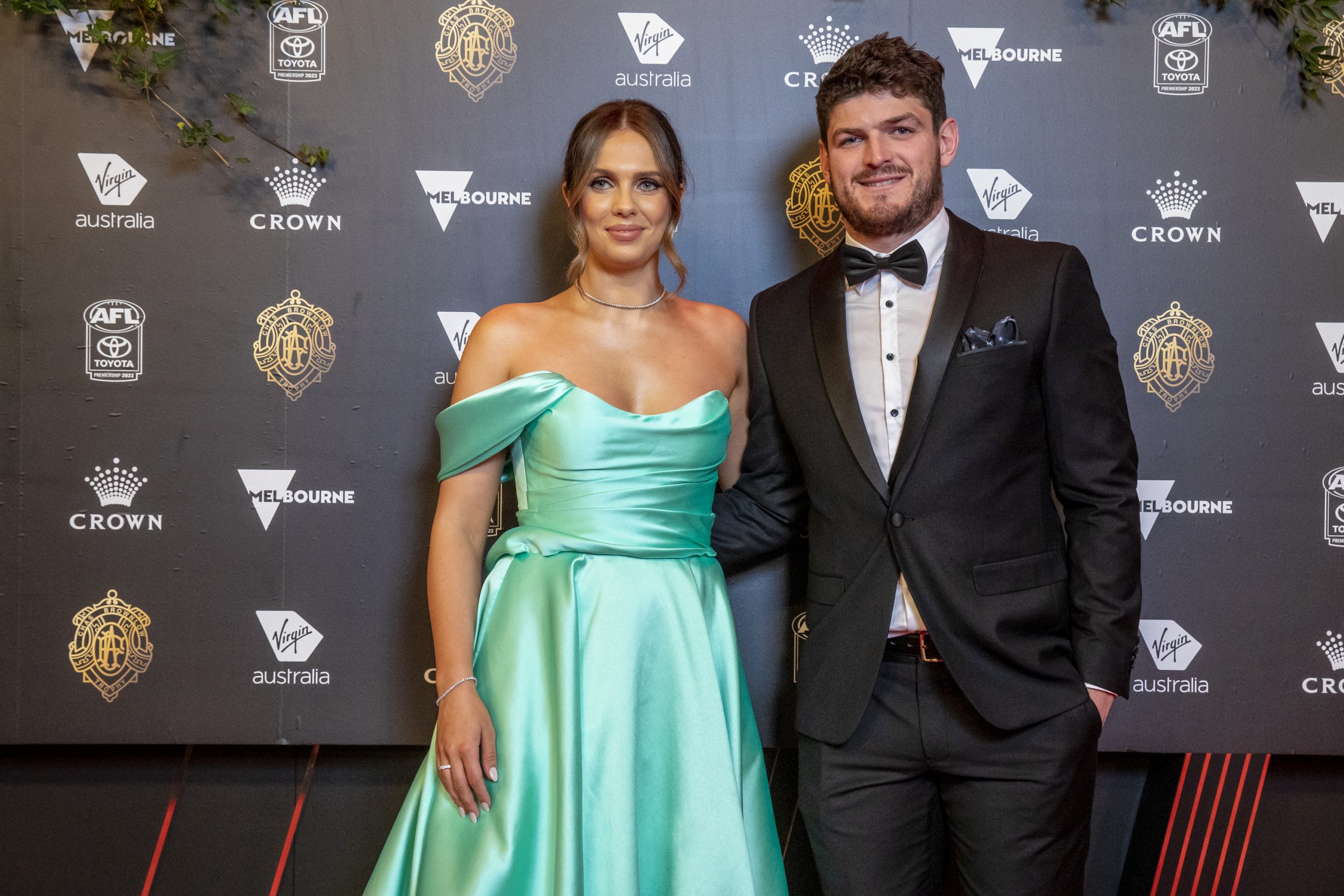 MELBOURNE, AUSTRALIA - SEPTEMBER 18: Danielle Frawley and Angus Brayshaw attend the 2022 Brownlow Medal at Crown Entertainment Complex on September 18, 2022 in Melbourne, Australia. (Photo by Sam Tabone/WireImage)
