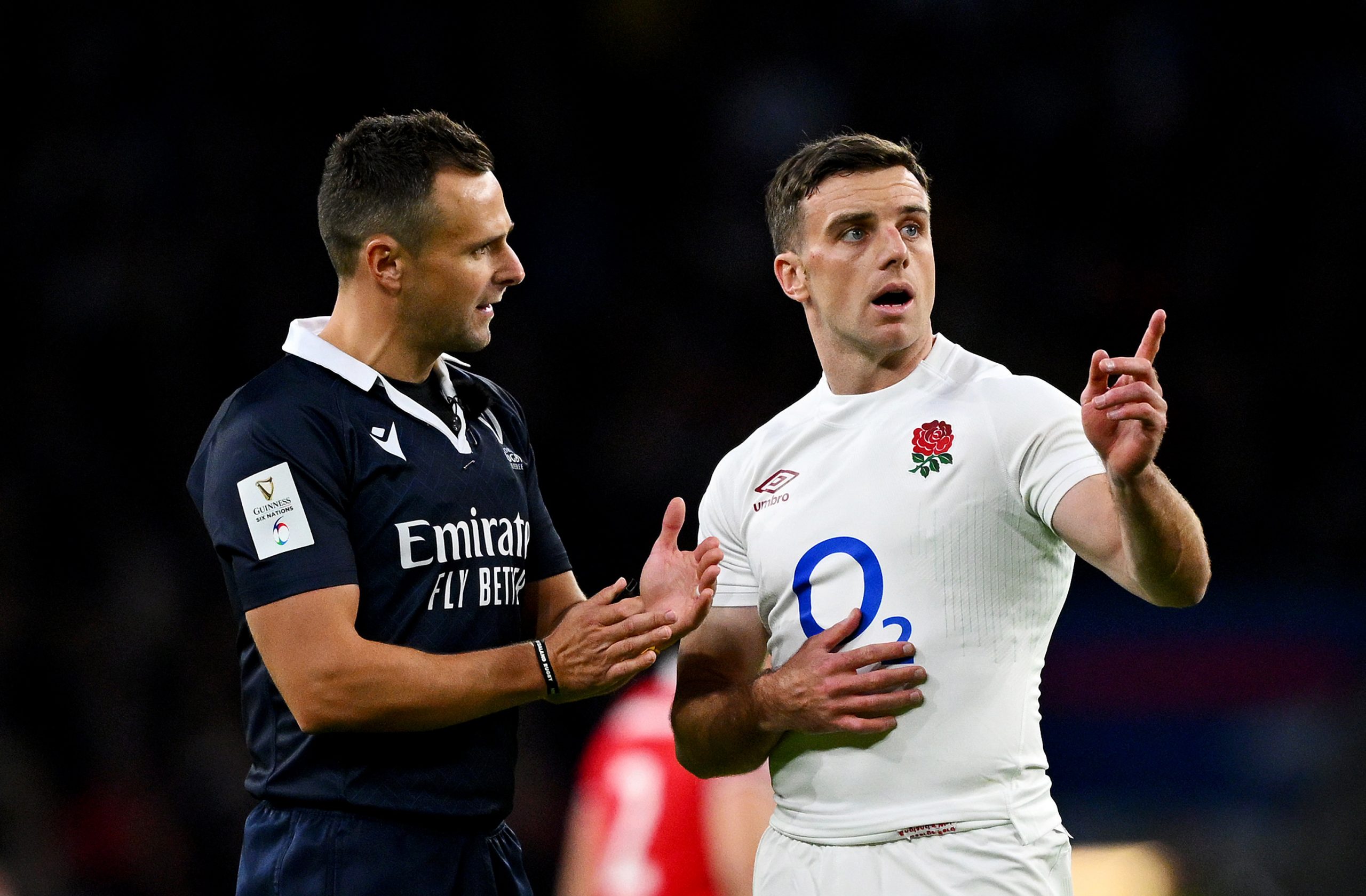 Referee James Doleman (left) talks to George Ford during the Six Nations match between England and Wales at Twickenham.