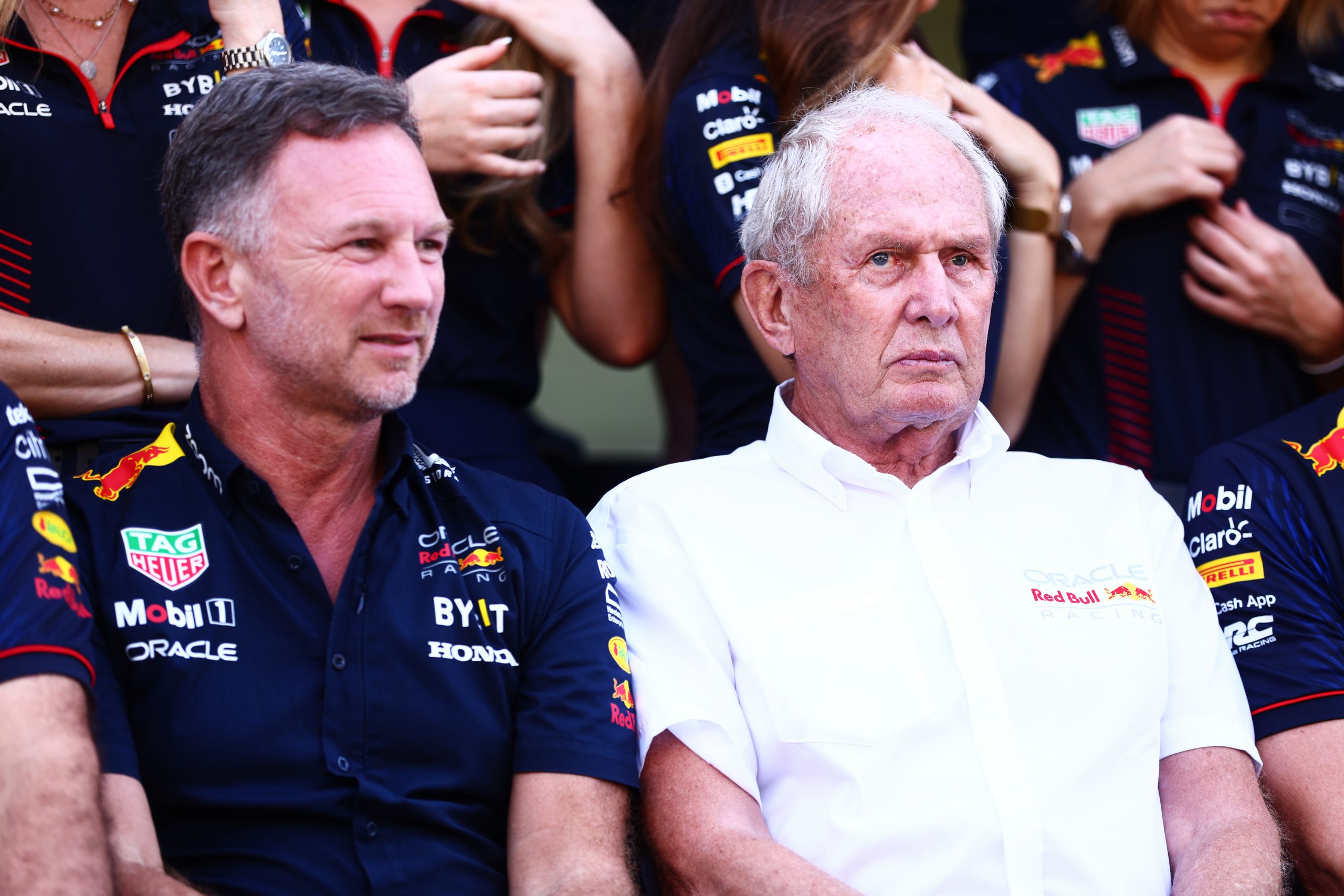 Red Bull Racing Team Principal Christian Horner and Red Bull Racing Team Consultant Dr Helmut Marko pose at the Red Bull Racing Team Photo prior to the F1 Grand Prix of Abu Dhabi at Yas Marina Circuit on November 26, 2023 in Abu Dhabi, United Arab Emirates. (Photo by Clive Rose/Getty Images)