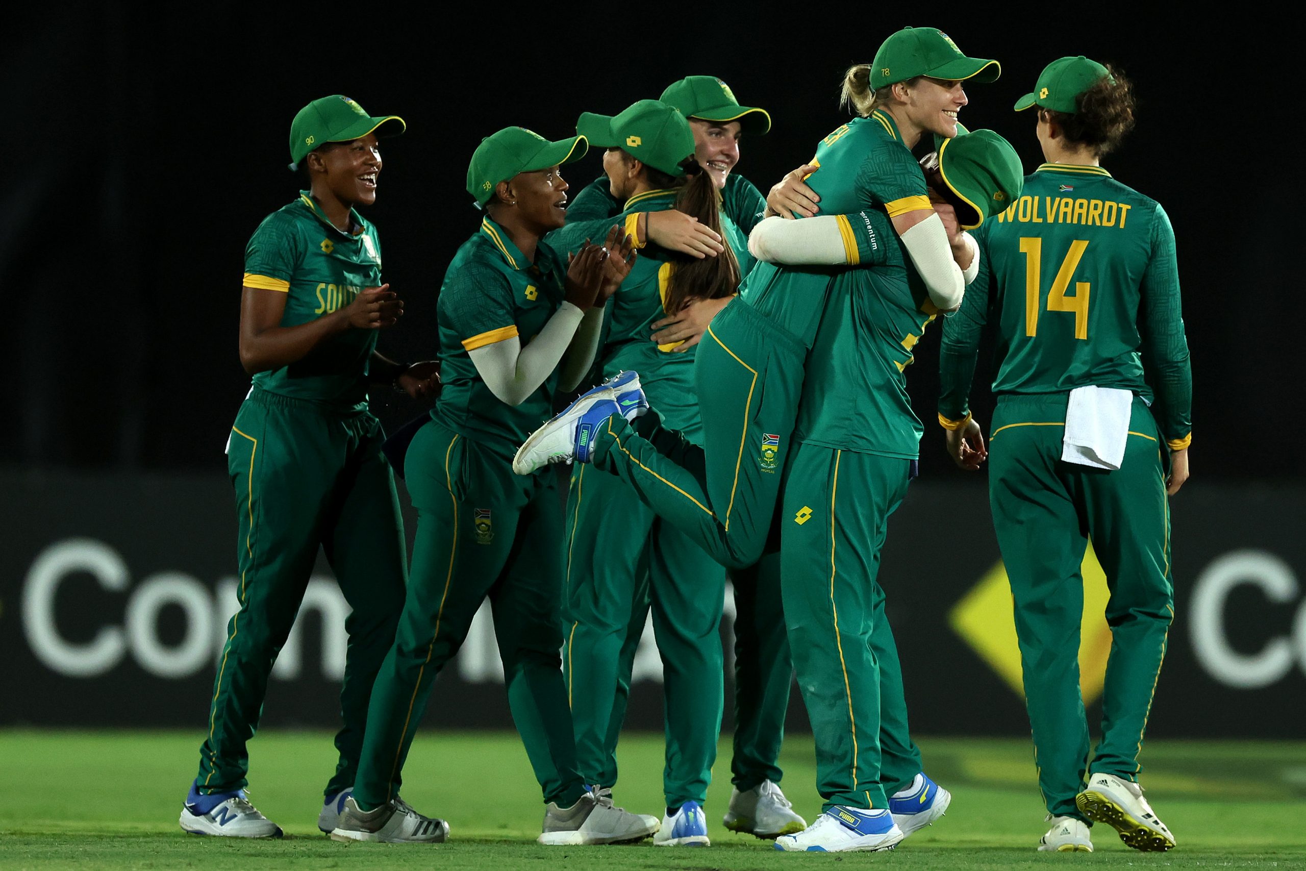 South Africa celebrate victory during game two of the Women's One Day International series between Australia and South Africa at North Sydney Oval on February 07, 2024 in Sydney, Australia. (Photo by Mark Metcalfe/Getty Images)