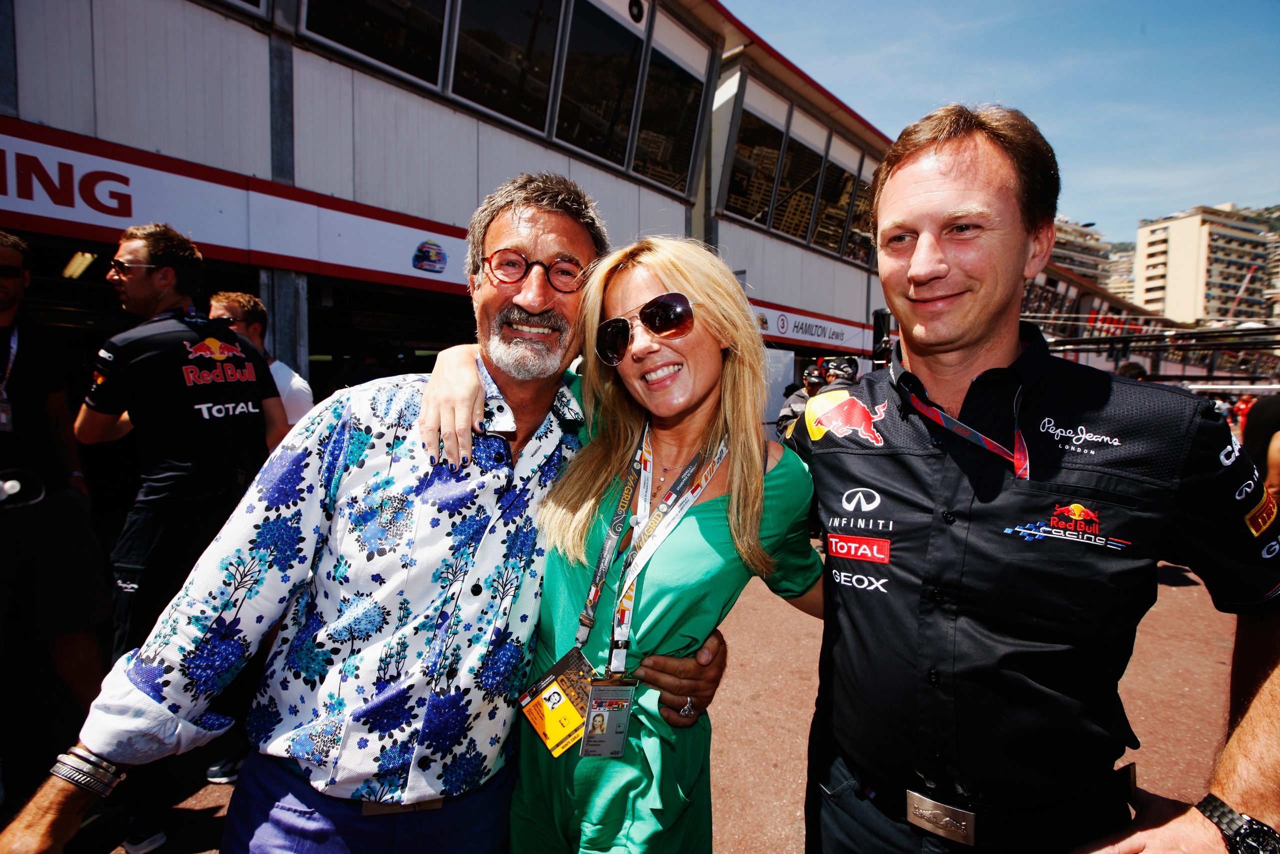 Eddie Jordan with Geri Halliwell and Christian Horner during the 2011 Monaco Grand Prix weekend.