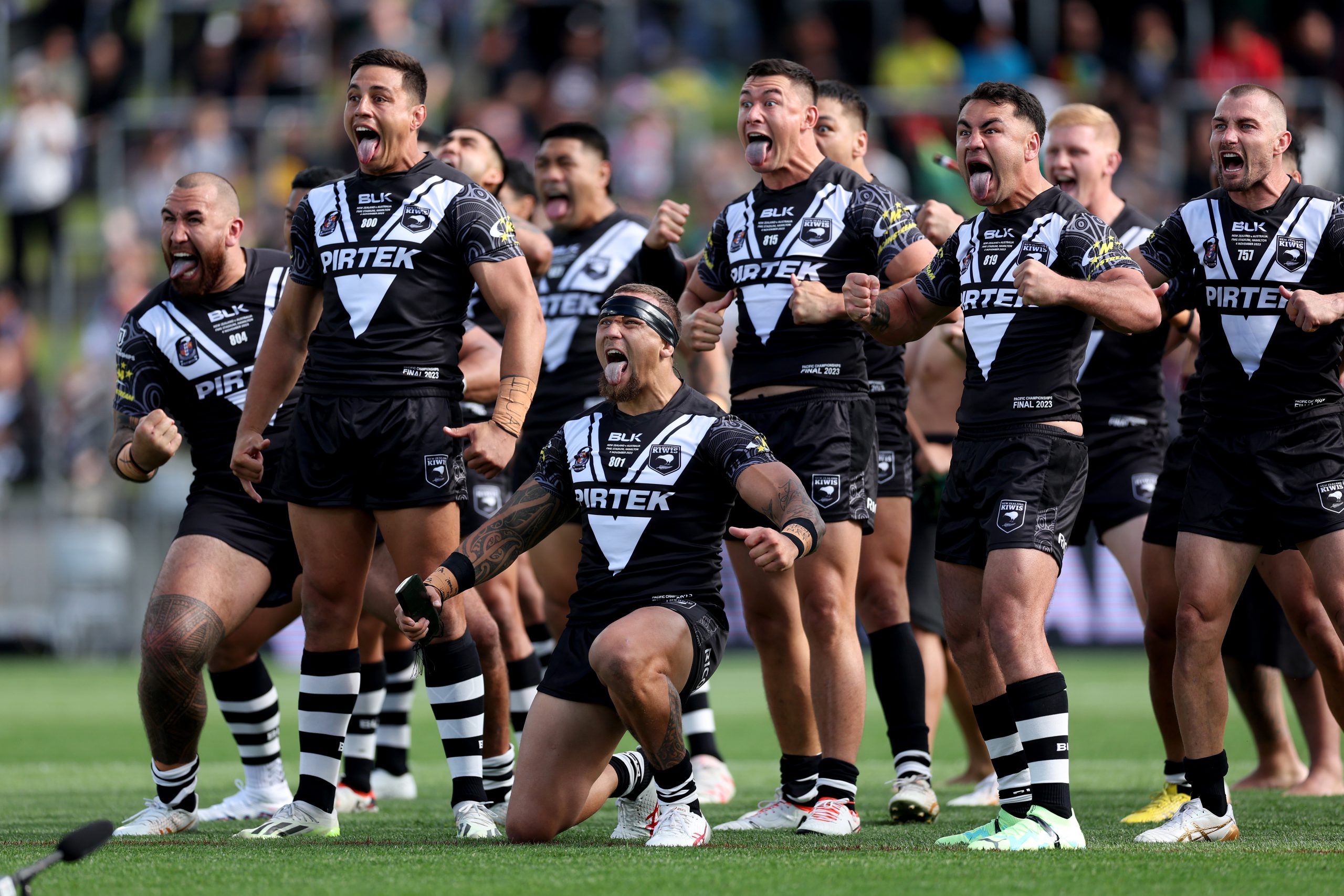 HAMILTON, NEW ZEALAND - NOVEMBER 04: The Kiwis perform the haka during the Men's Pacific Championship Final match between Australia Kangaroos and New Zealand Kiwis at Waikato Stadium on November 04, 2023 in Hamilton, New Zealand. (Photo by Phil Walter/Getty Images)