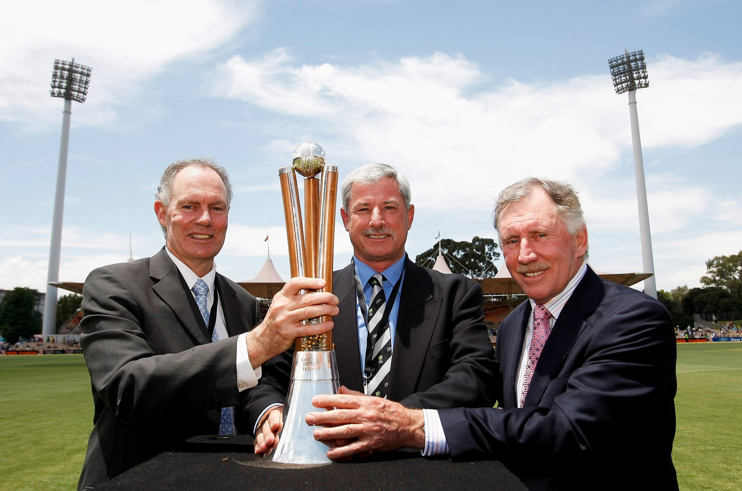 Greg Chappell, Sir Richard Hadlee and Ian Chappell pose with the Chappell-Hadlee trophy before  the start of the first Chappell-Hadlee Trophy one day international match between Australia and the New Zealand Black Caps at the Adelaide Oval on December 14, 2007 in Adelaide, Australia.