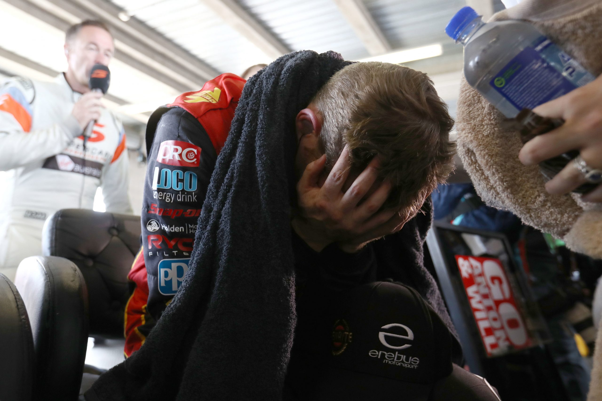 David Reynolds reacts after losing the 2018 Bathurst 1000 after suffering leg cramps.