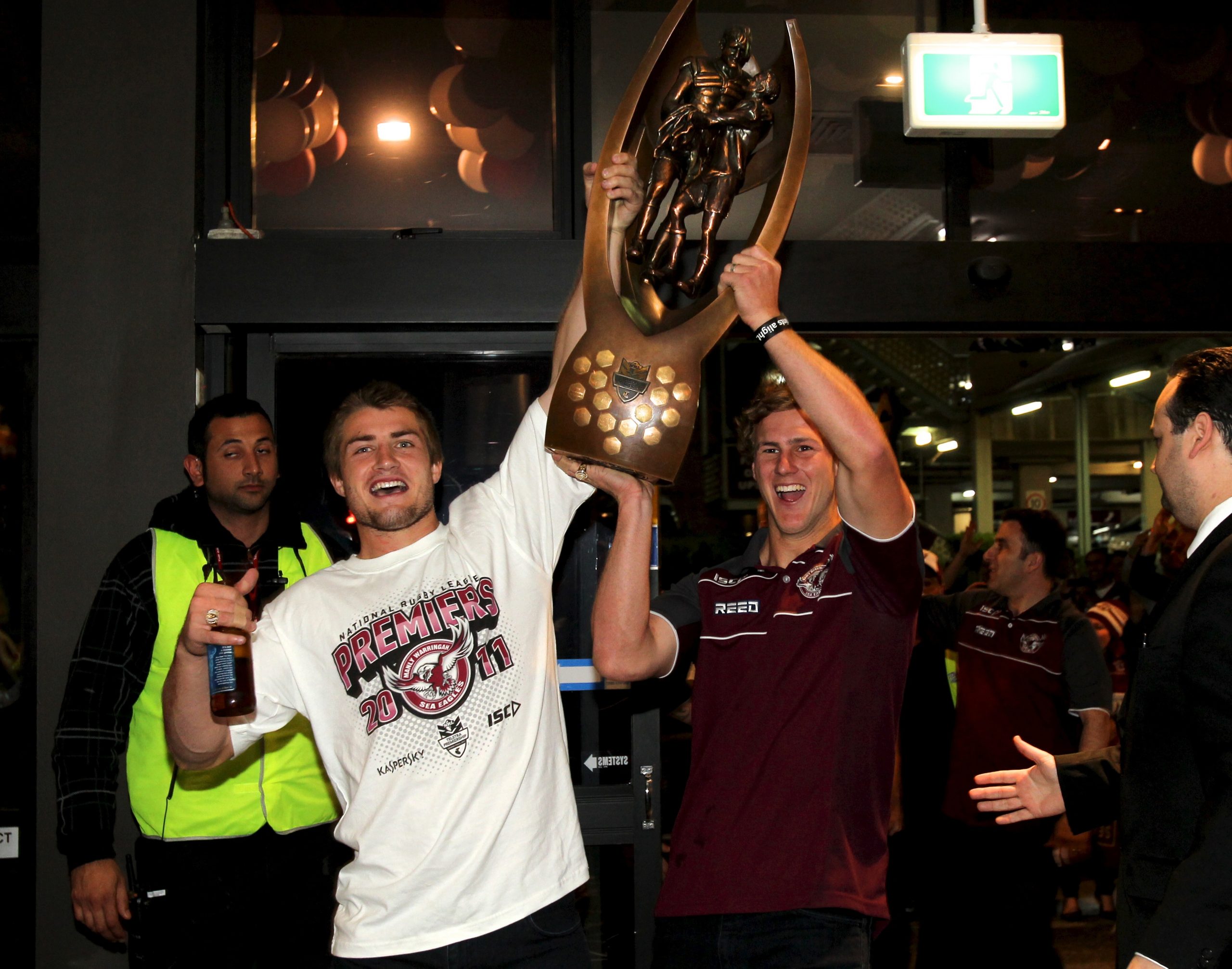 Kieran Foran and fresh-faced Daly Cherry-Evans celebrate at the Manly Leagues Club after defeating the New Zealand Warriors in the 2011 NRL grand final.