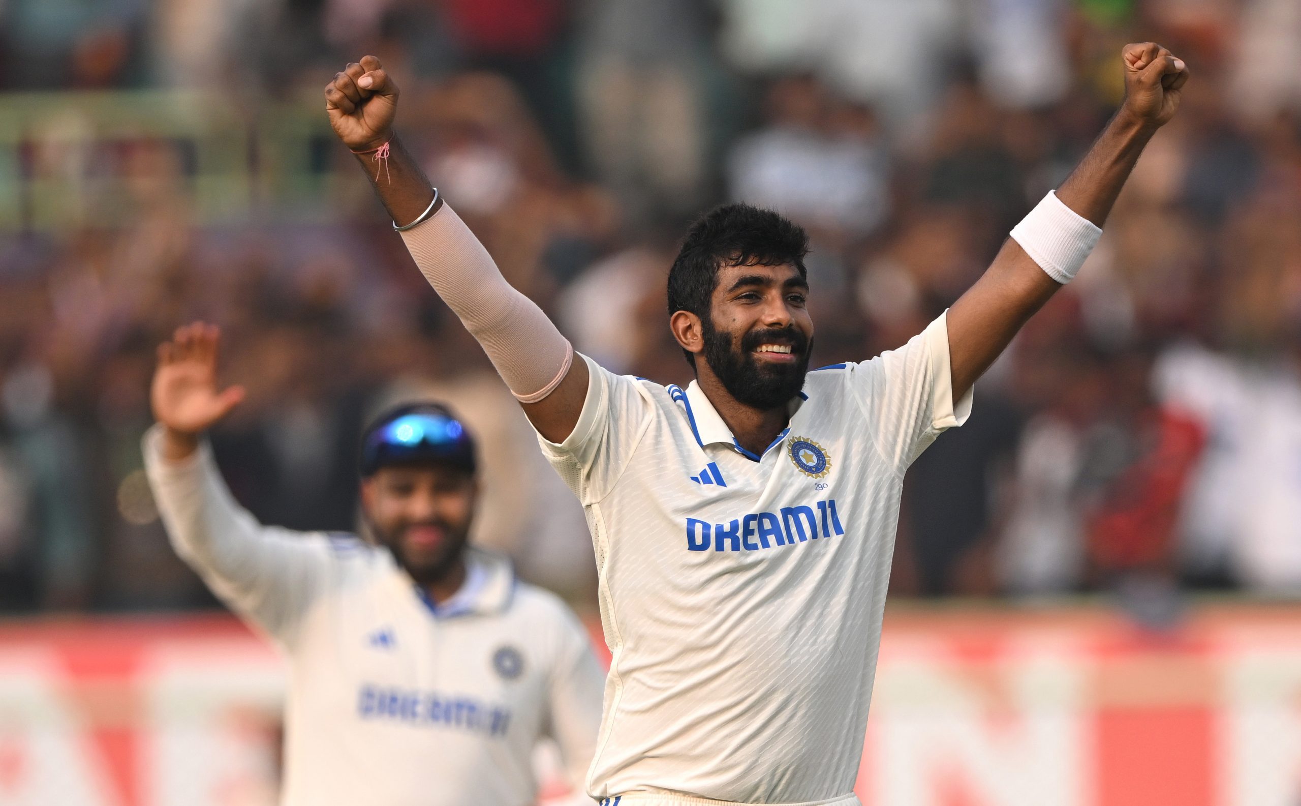 Jasprit Bumrah celebrates after taking the wicket of Tom Hartley.