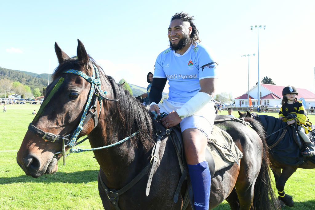 Ma'a Nonu rides a horse at Whakarua Park in Ruatoria.