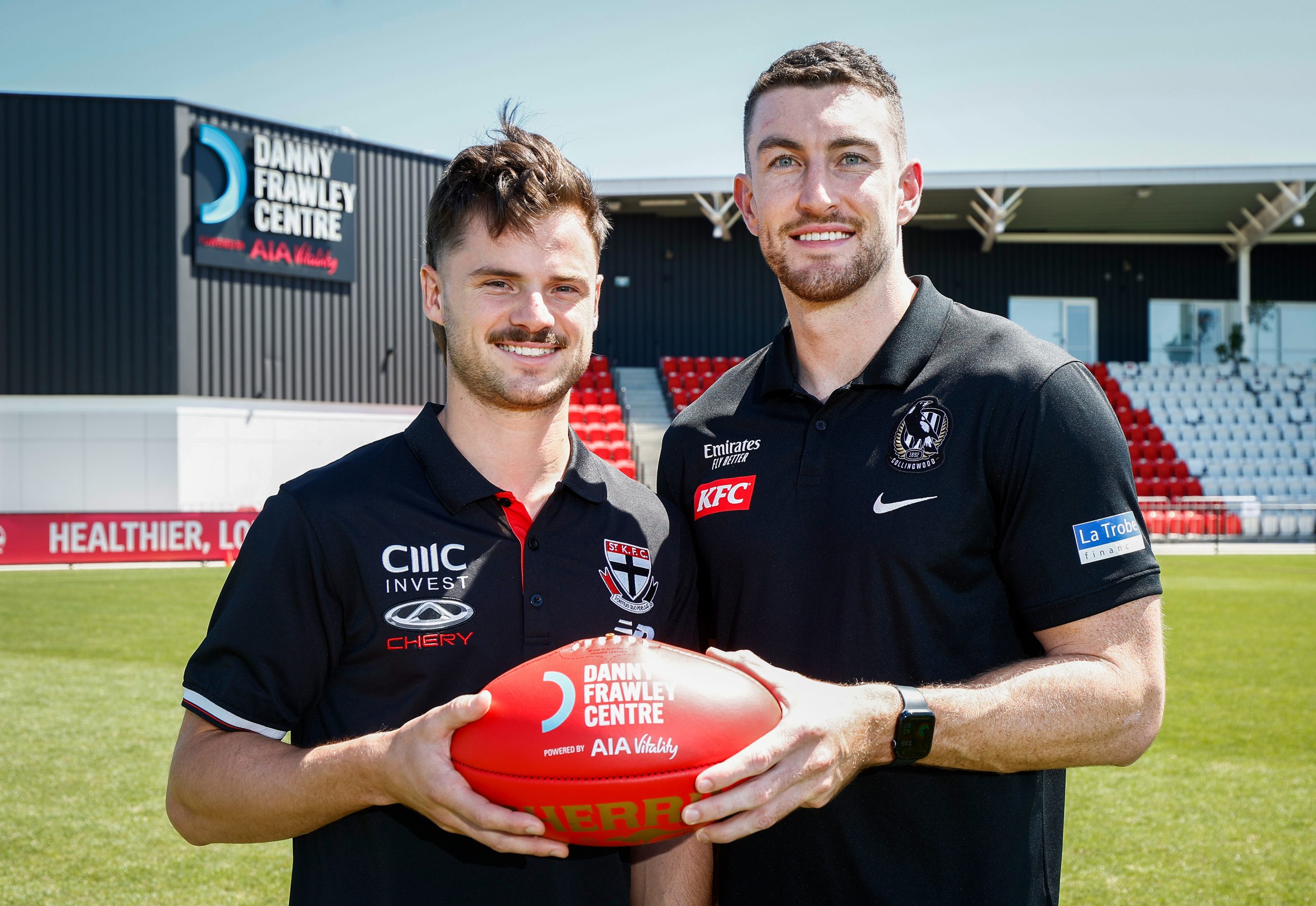 Jack Sinclair of the Saints and Dan McStay posed at the laucnh of Spud's Game for mental health.