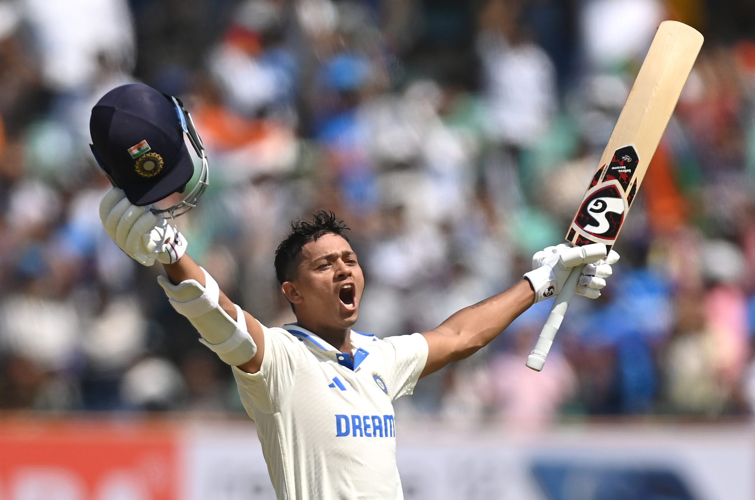 India batsman Yashasvi Jaiswal celebrates after reaching his double century during day four of the 3rd Test Match between India  and England at Saurashtra Cricket Association Stadium on February 18, 2024 in Rajkot, India. (Photo by Gareth Copley/Getty Images)