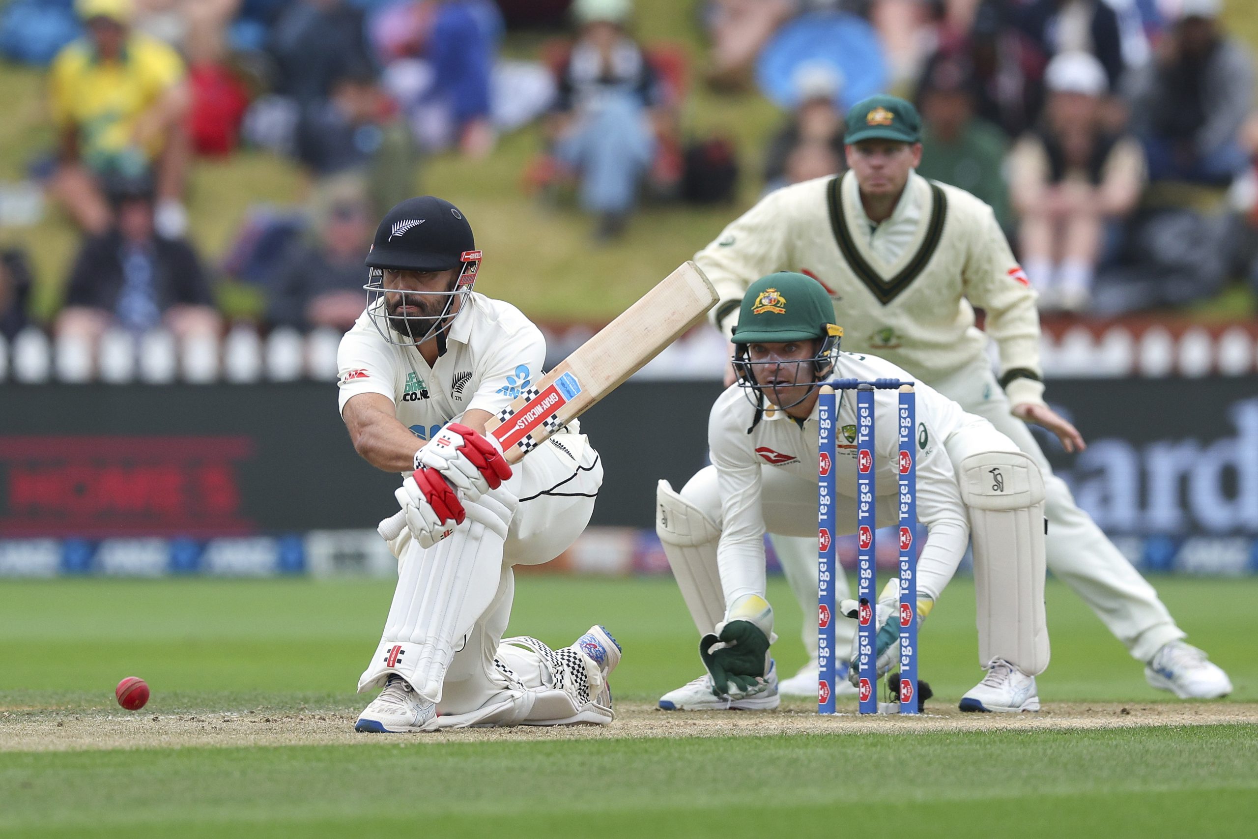 Daryl Mitchell of New Zealand bats during day four of the First Test in the series between New Zealand and Australia at Basin Reserve on March 03, 2024 in Wellington, New Zealand. (Photo by Hagen Hopkins/Getty Images)