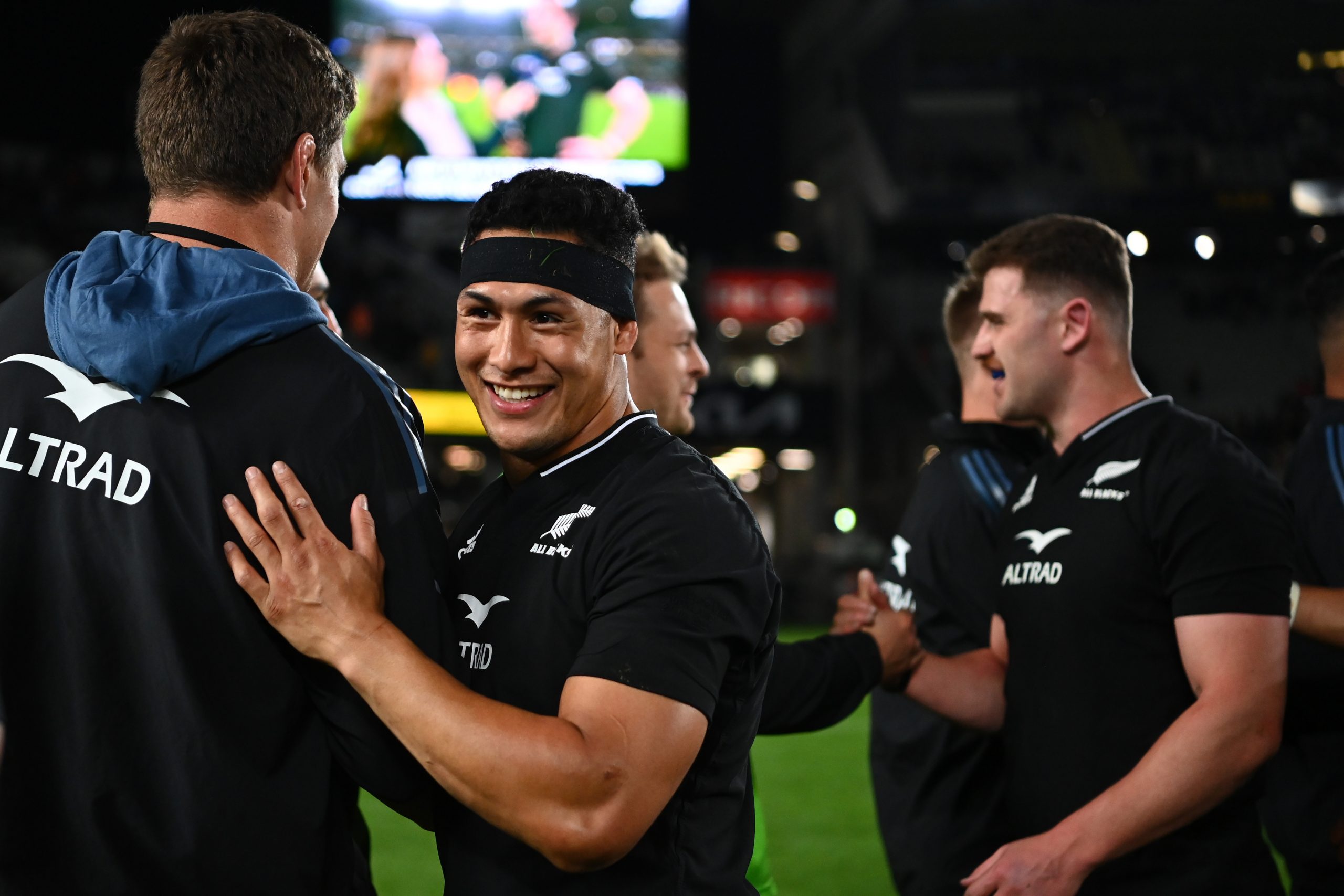 Roger Tuivasa-Sheck of the All Blacks celebrates victory at Eden Park.