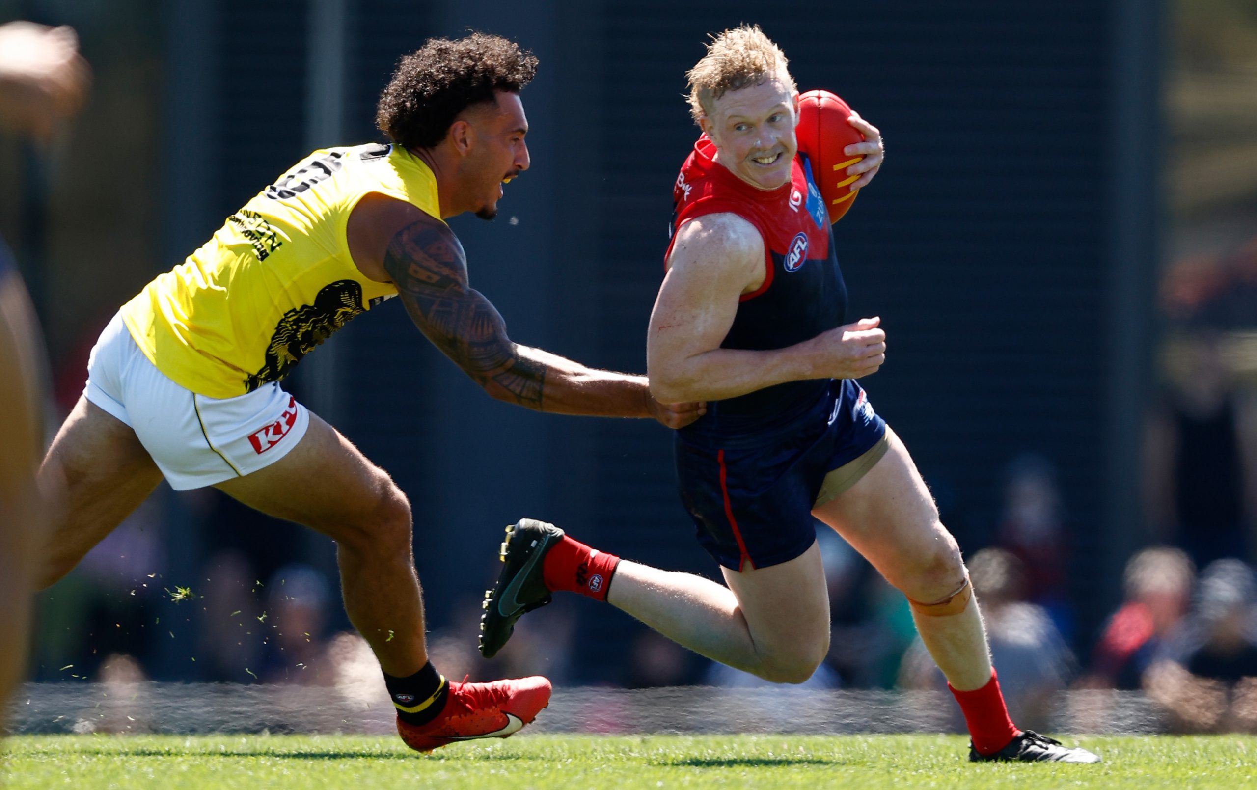 Clayton Oliver in action during match simulation between Melbourne and Richmond at Casey Field.
