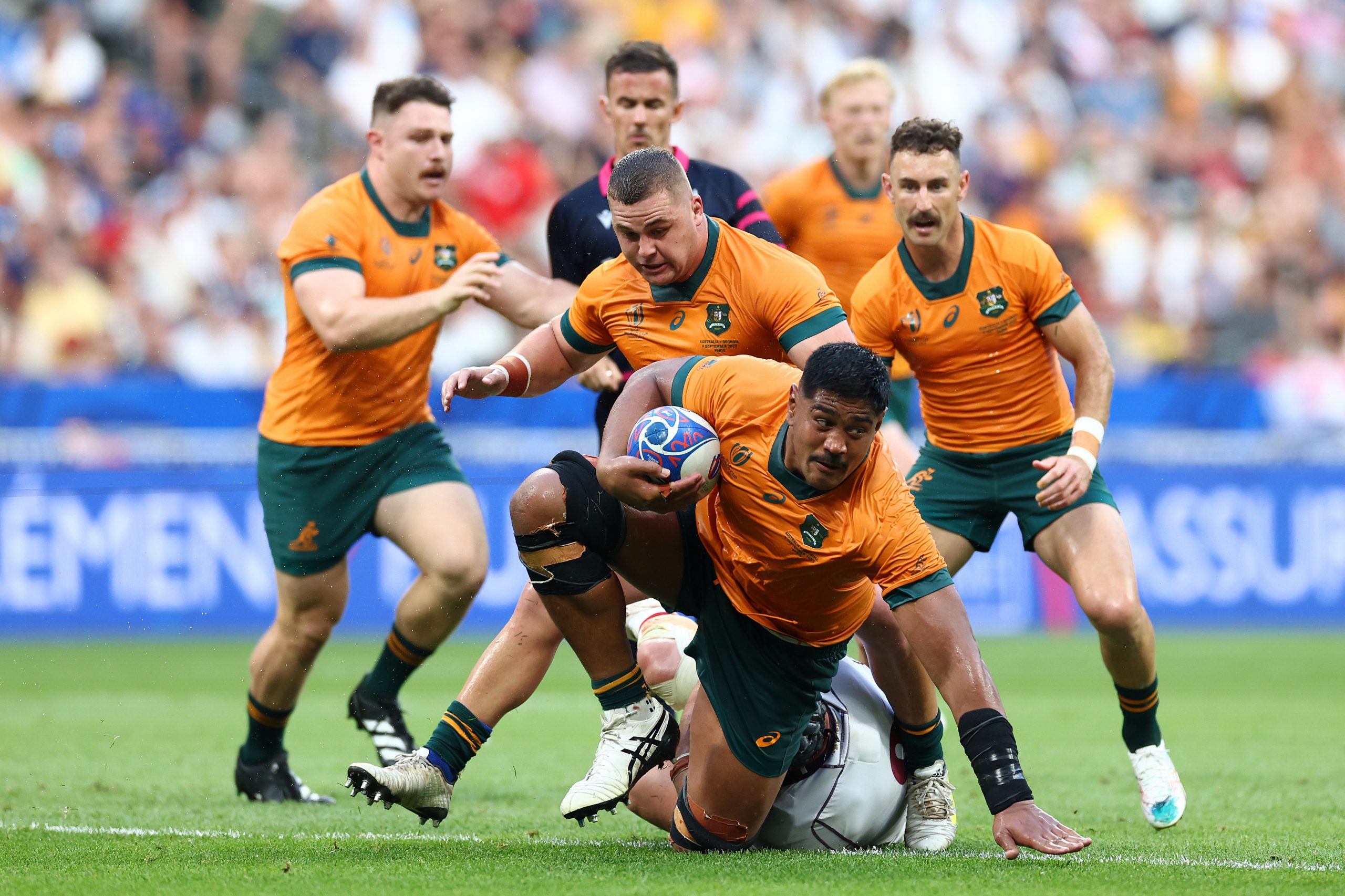 Will Skelton (pictured with ball) was among the overseas-based players picked for the 2023 Rugby World Cup Wallabie squad.