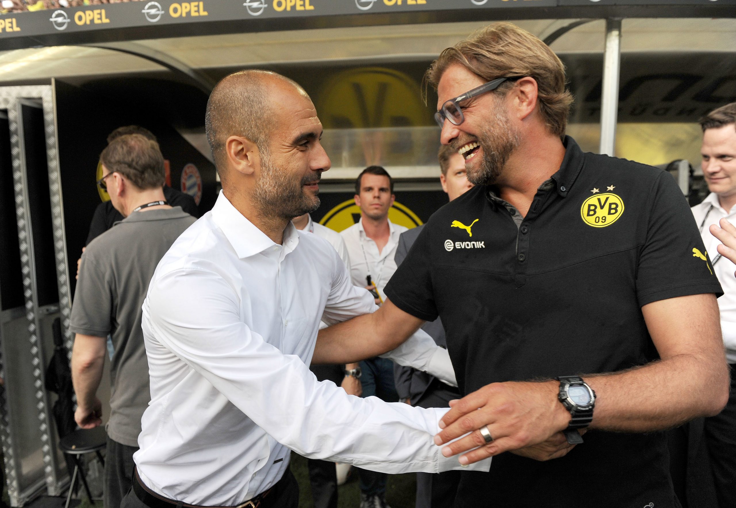2013: Borussia Dortmund coach Pep Guardiola and Bayern München coach Jürgen Klopp.