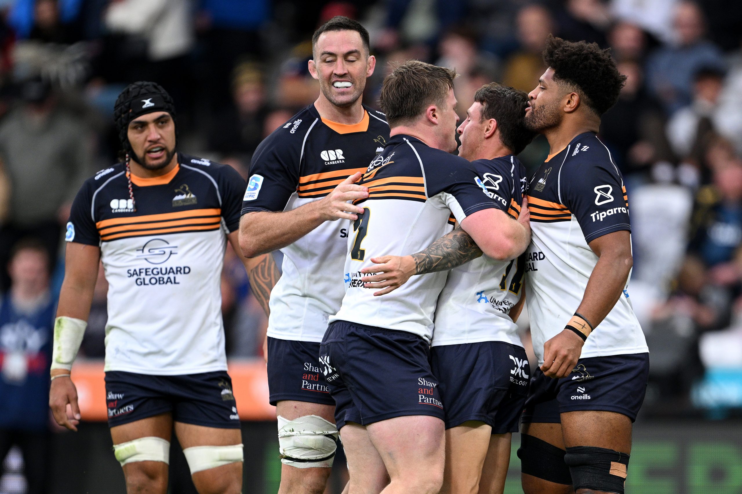 Corey Toole of the Brumbies celebrates with his team.