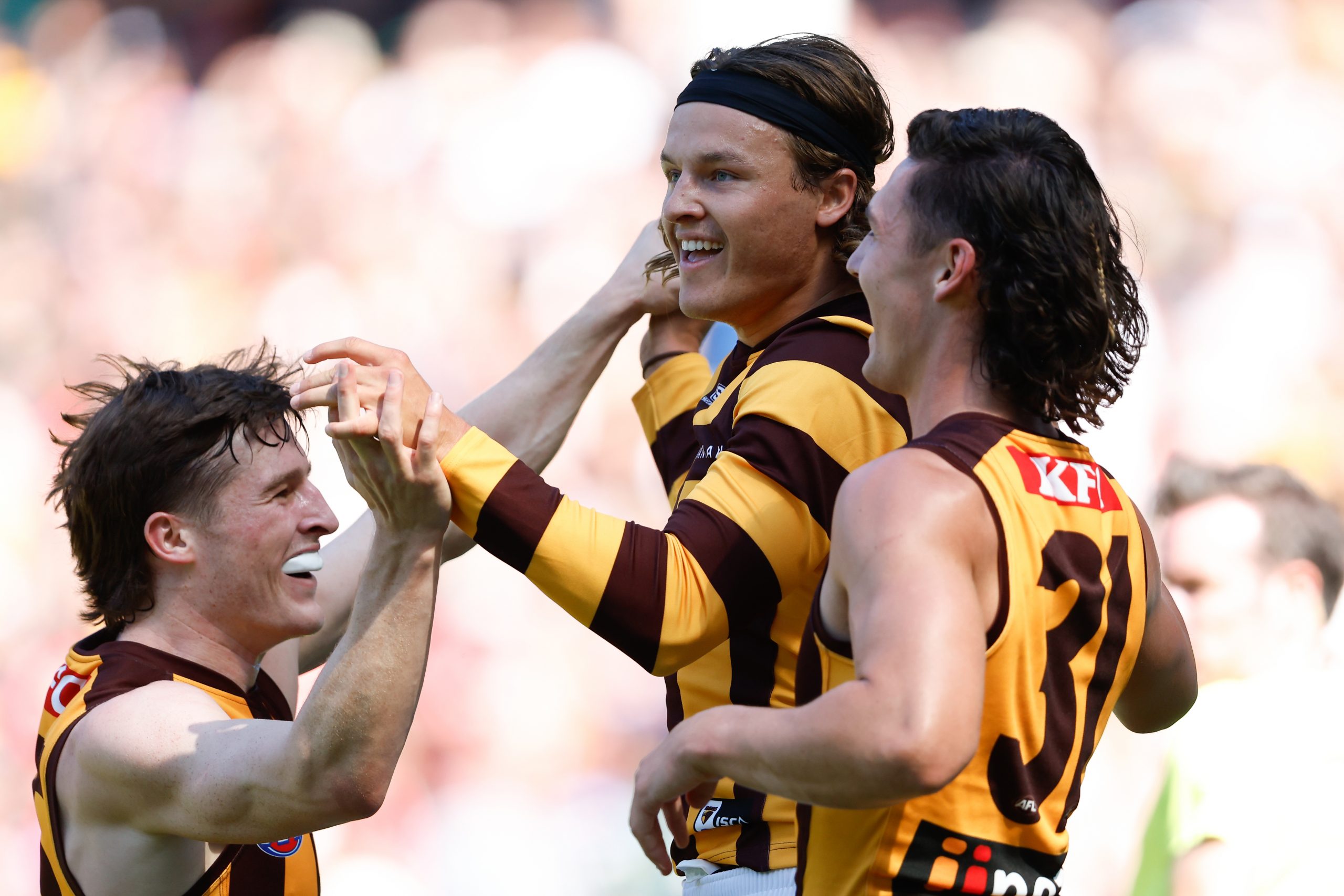 Jack Ginnivan celebrates his first goal for Hawthorn.