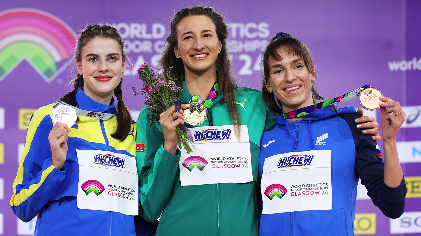 From left: Ukraine's Yaroslava Mahuchikh, Australia's Nicola Olyslagers and Slovenia's Lia Apostolovski.