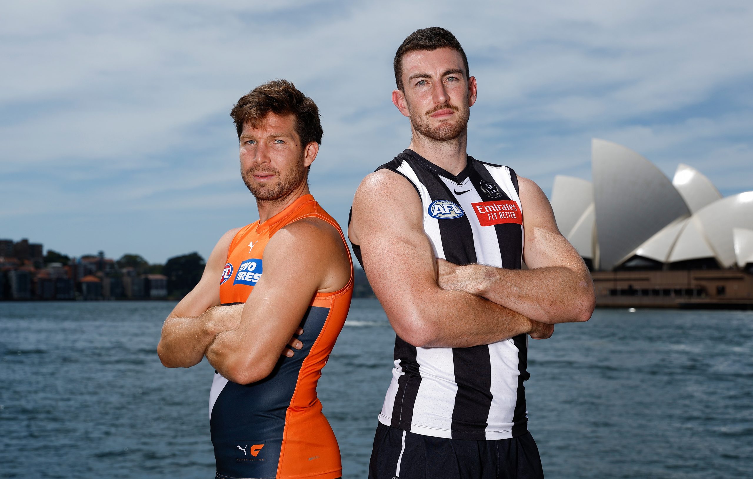 Toby Greene and Dan McStay pose for the AFL's Opening Round match.