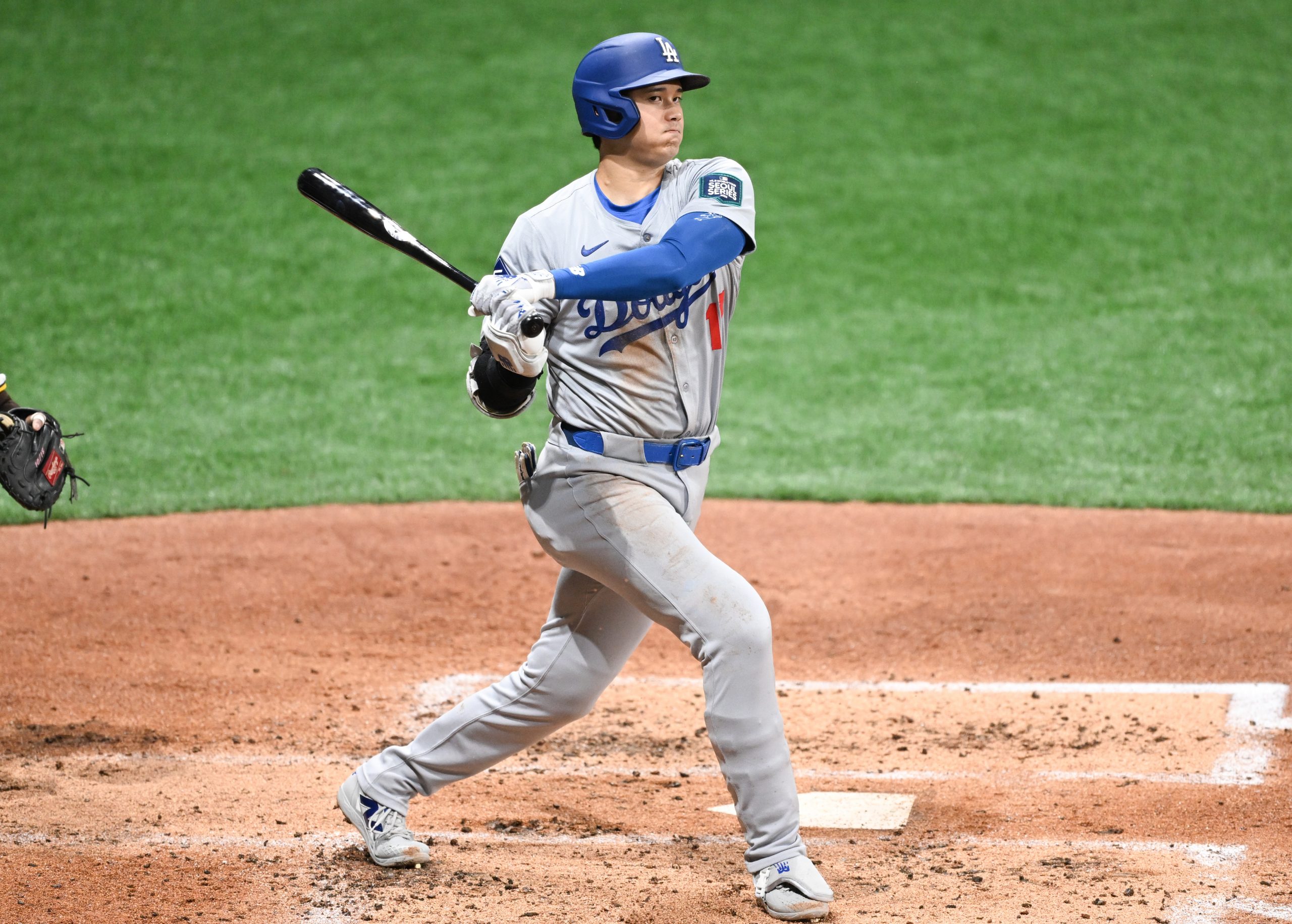 Shohei Ohtani #17 of Los Angeles Dodgers reacts when batting during the 2024 Seoul Series game between Los Angeles Dodgers and San Diego Padres at Gocheok Sky Dome on March 20, 2024 in Seoul, South Korea. (Photo by Gene Wang/Getty Images)