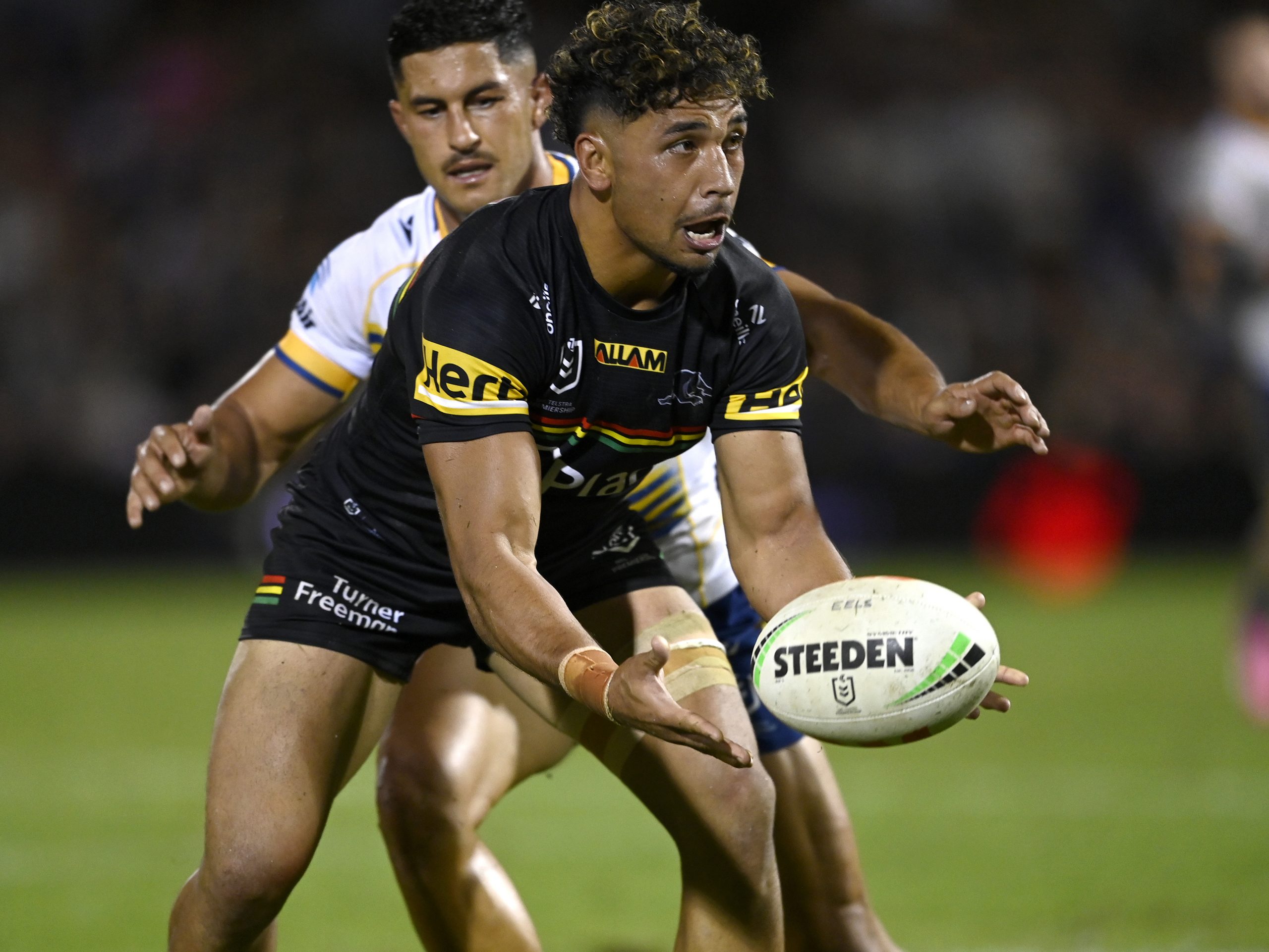Izack Tago in action for the Penrith Panthers against the Parramatta Eels in round two.