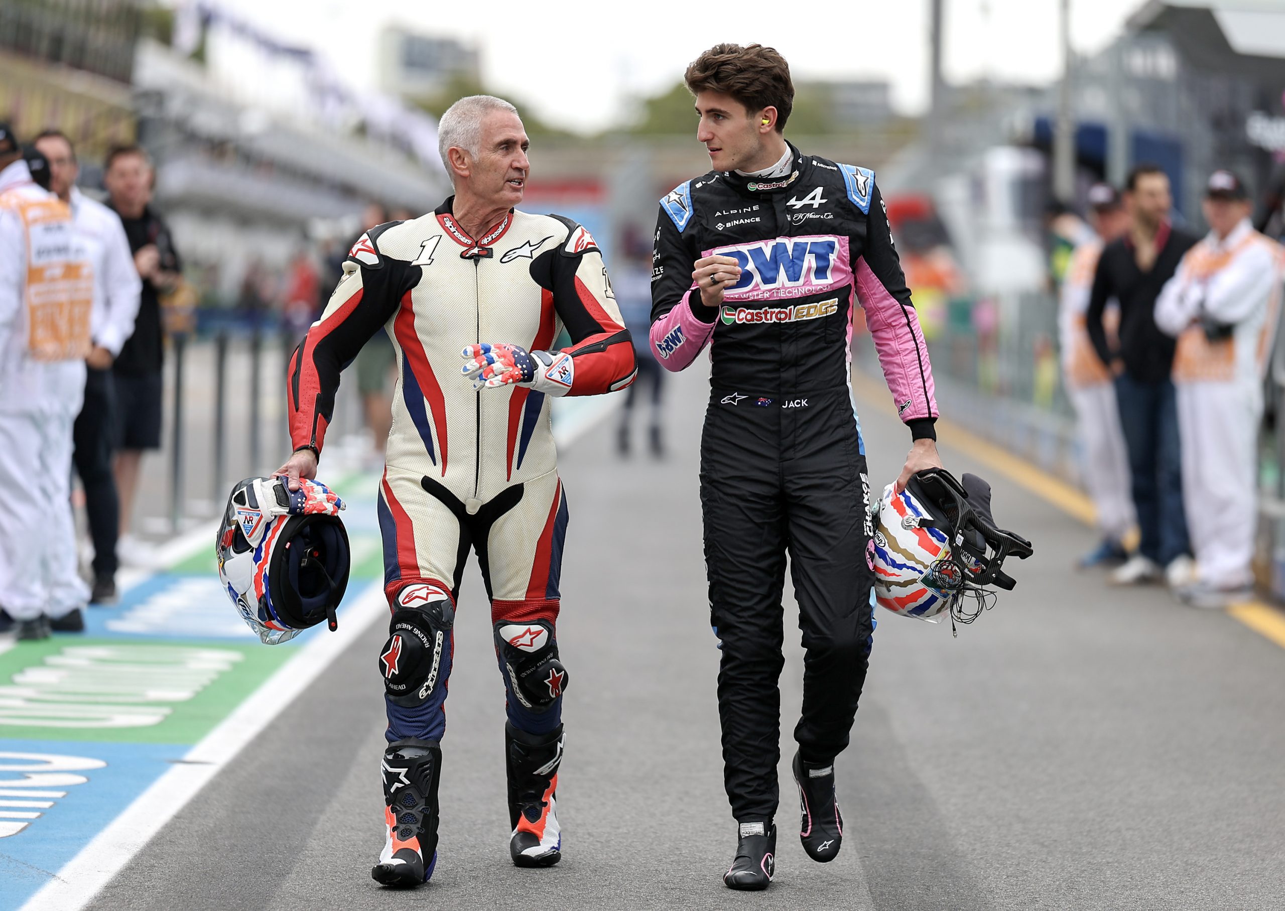 Jack Doohan of Australia and BWT Alpine F1 Team and Mick Doohan of Australia during qualifying ahead of the F1 Grand Prix of Australia at Albert Park Circuit on March 23, 2024 in Melbourne, Australia.(Photo by Qian Jun/MB Media/Getty Images)
