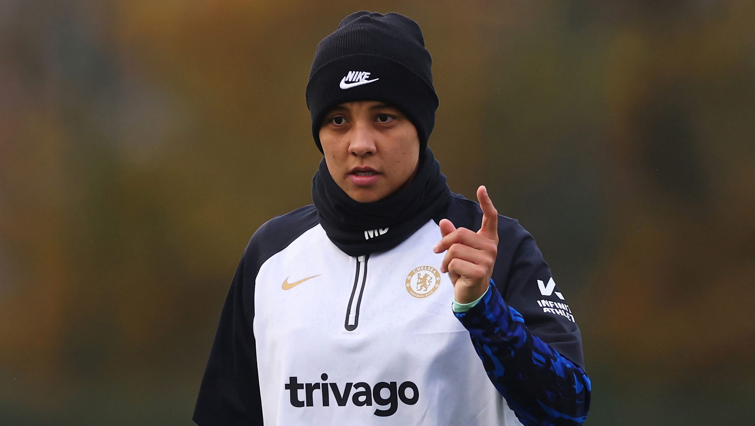 Sam Kerr of Chelsea looks on prior to the Barclays Women´s Super League match between Everton FC and Chelsea FC  at Walton Hall Park on November 12, 2023 in Liverpool, England. 