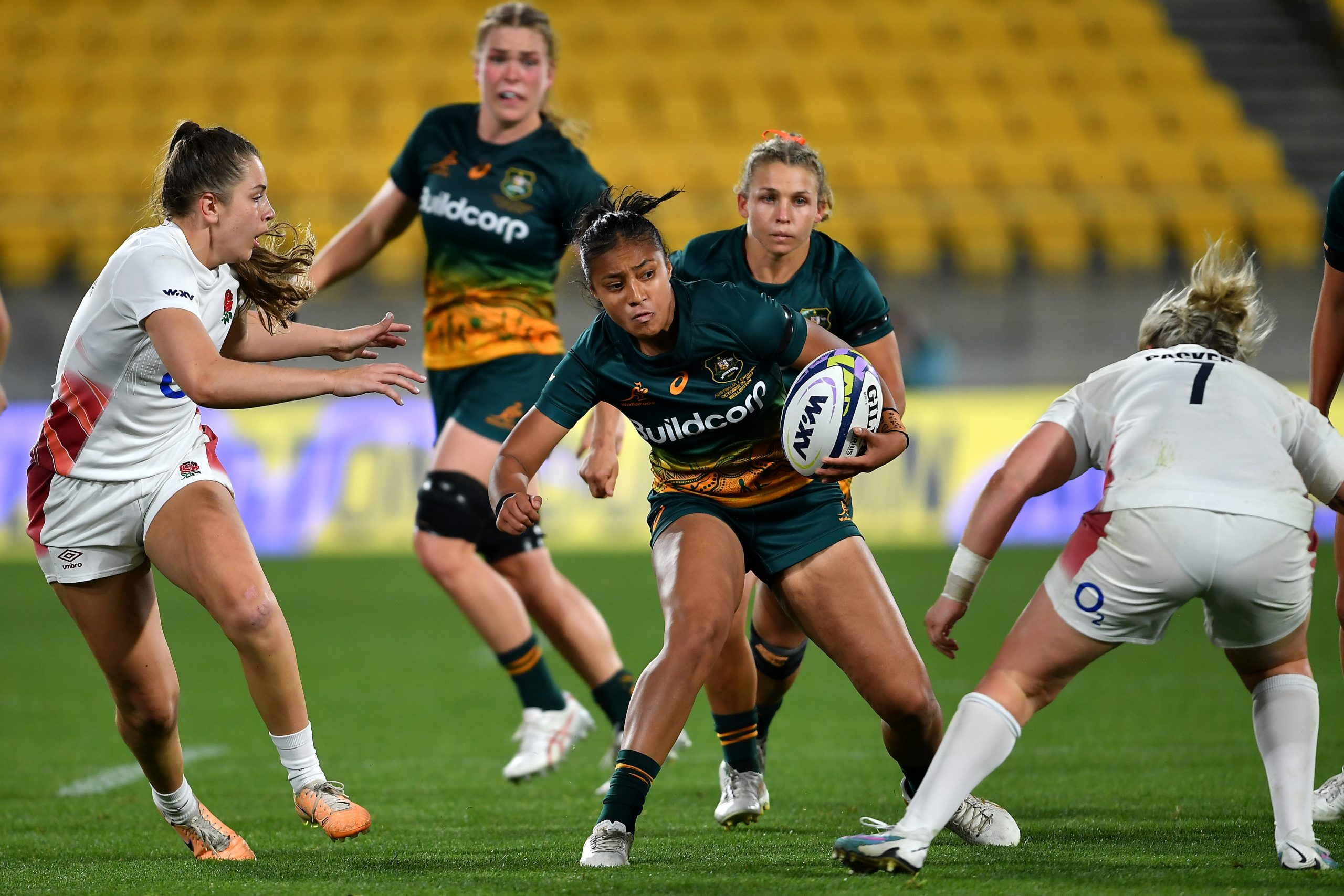 Faitala Moleka of Australia charges forward against England in Wellington.